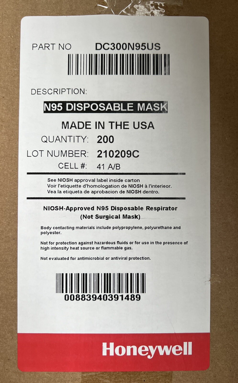 Honeywell N95 NIOSH Face Masks CASE of 200 Particulate Respirators DC300N95 NEW