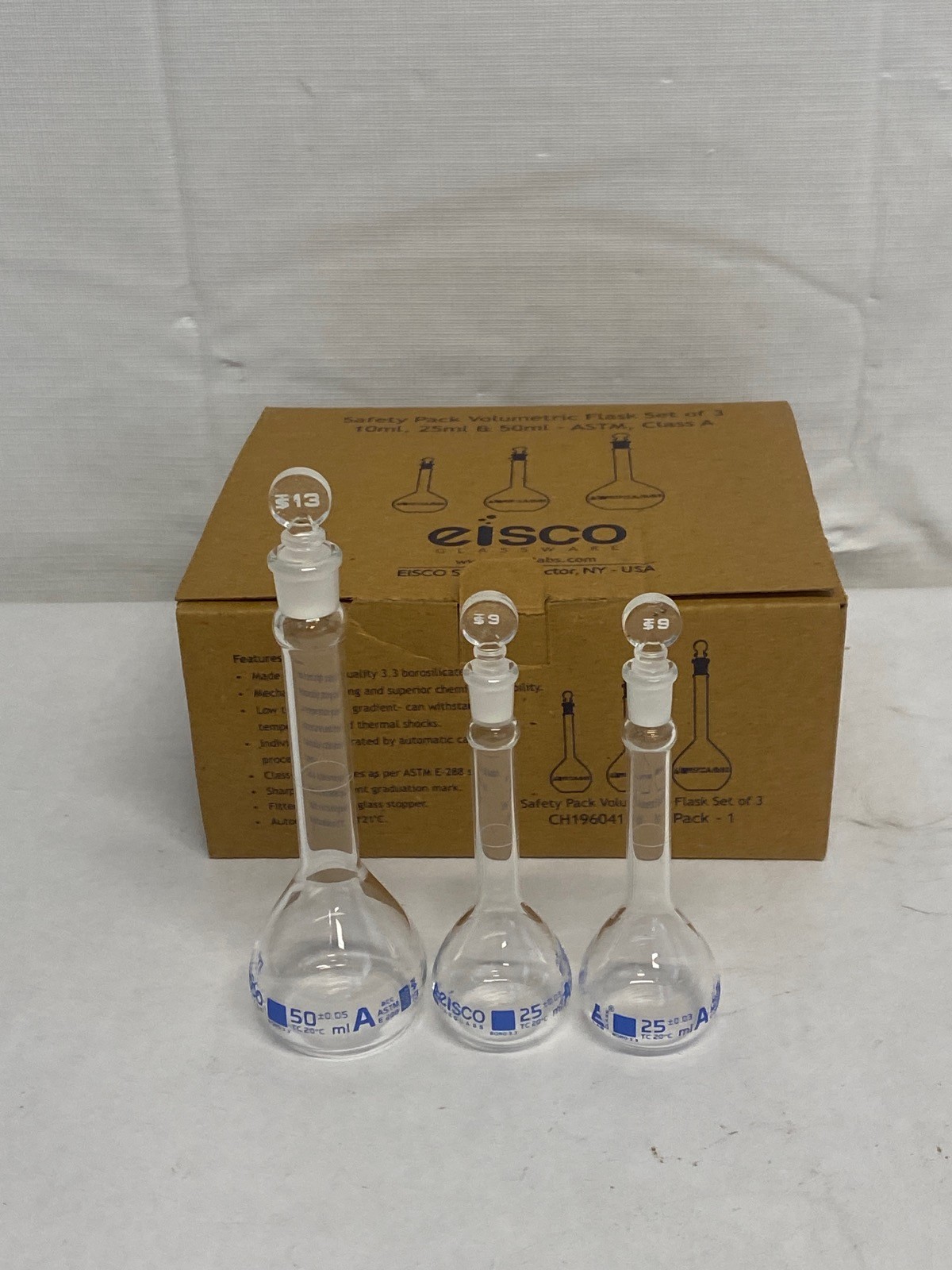 New EISCO 25mL 25mL & 50mL Class A Glass Volumetric Flasks w/ Stoppers CH0441