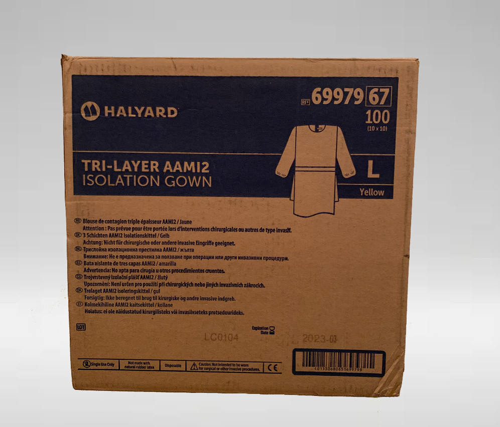 100 Count Case – Halyard Yellow Isolation Gown Tri-Layer AAMI2 Elastic Cuff
