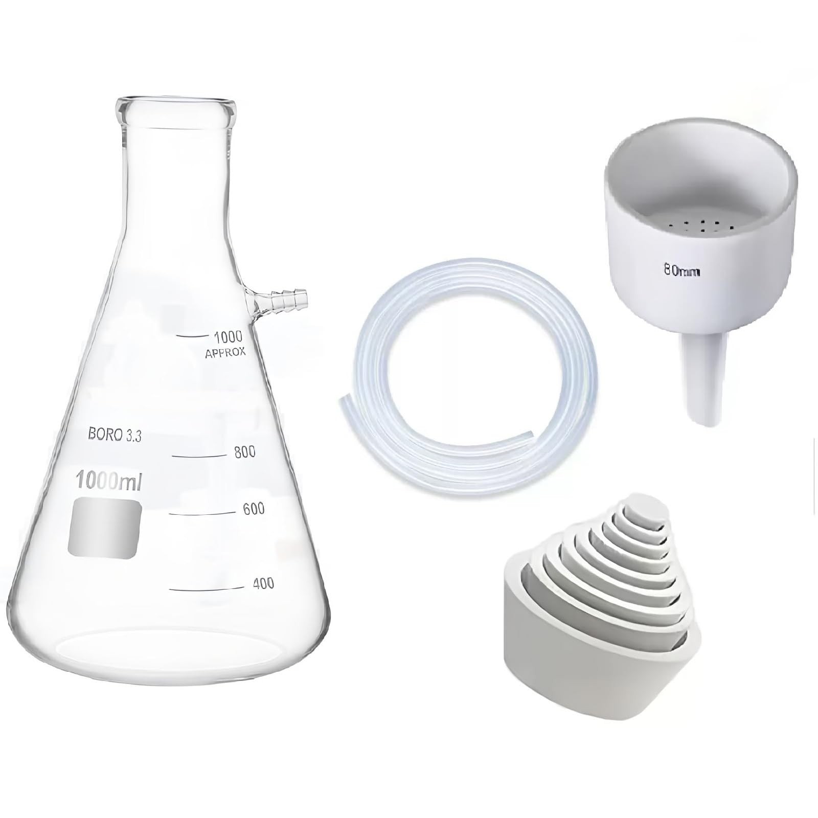 Brinell Funnel Filter Set, 80mm Funnel, 1000ml Beaker Bottle, Glass White