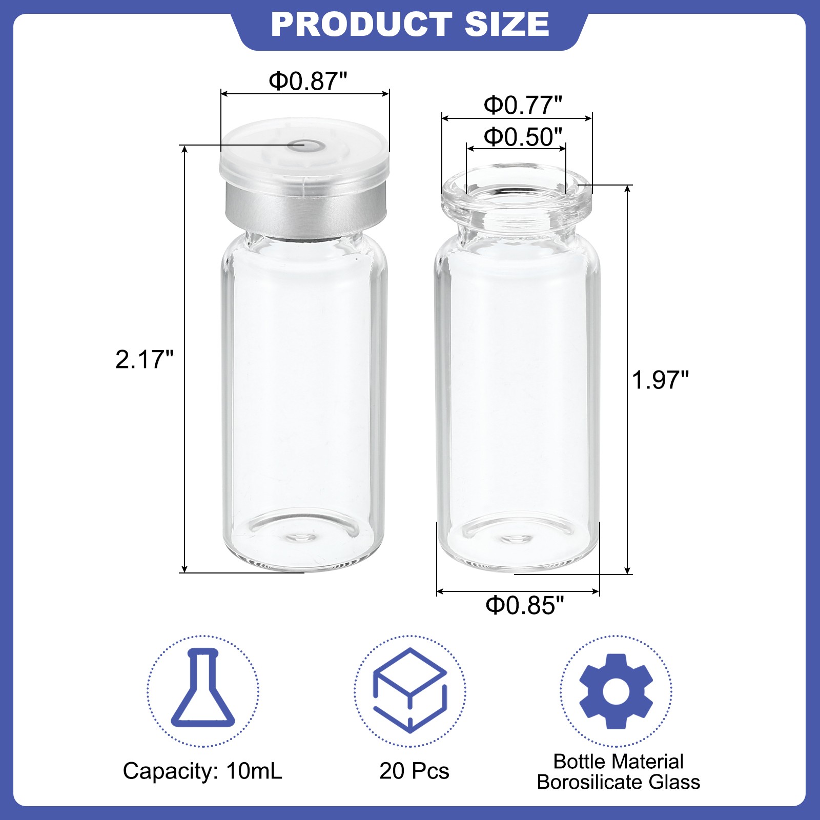 10ml Sample Vials, 20 Pack Lab Empty Vials Borosilicate Glass Vial, Transparent
