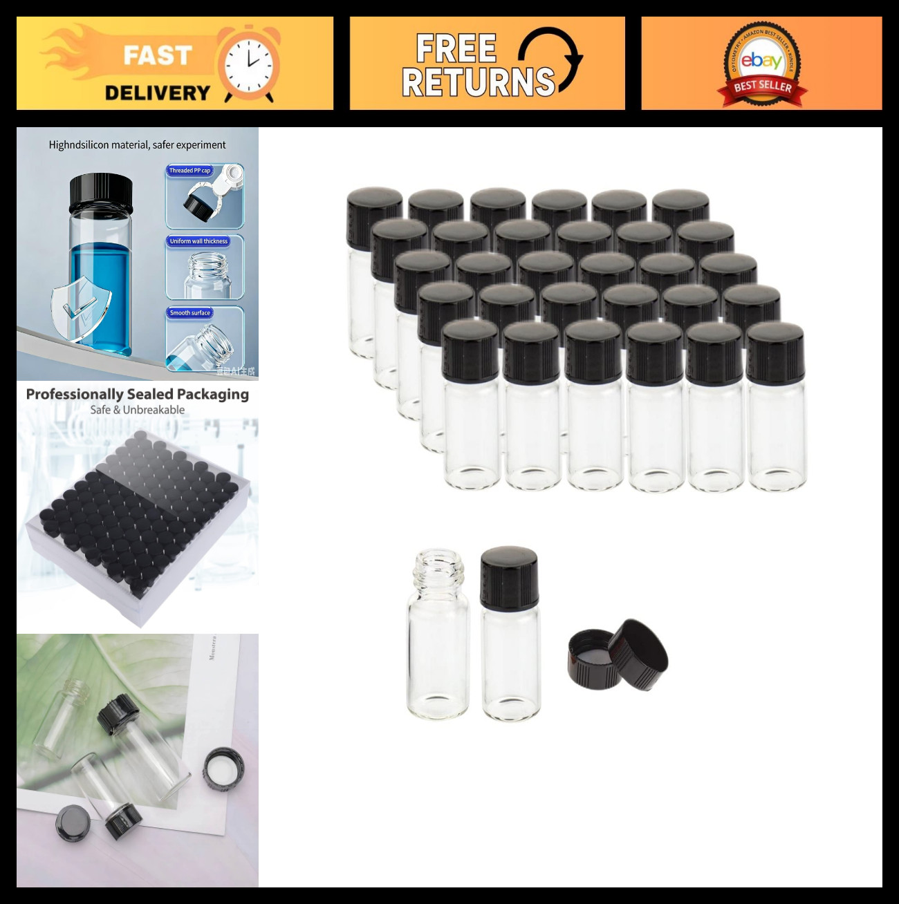 3ml Clear Borosilicate Glass Vials with Screw Caps, Lab Storage Bottles, 100 Pac