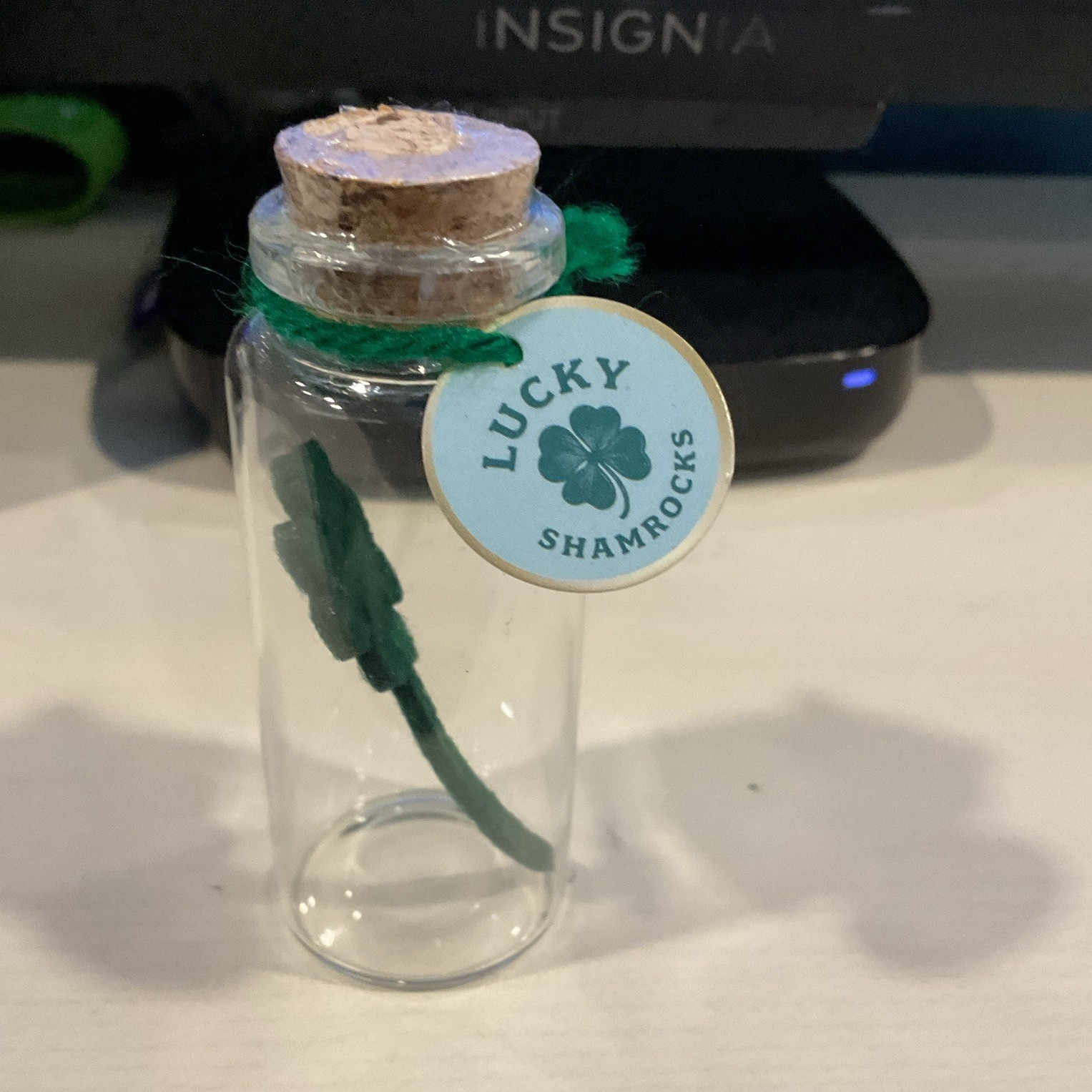 Clear Glass Vial Bottle w/ Cork Stopper & Lucky Shamrocks Shamrock Tag vintage