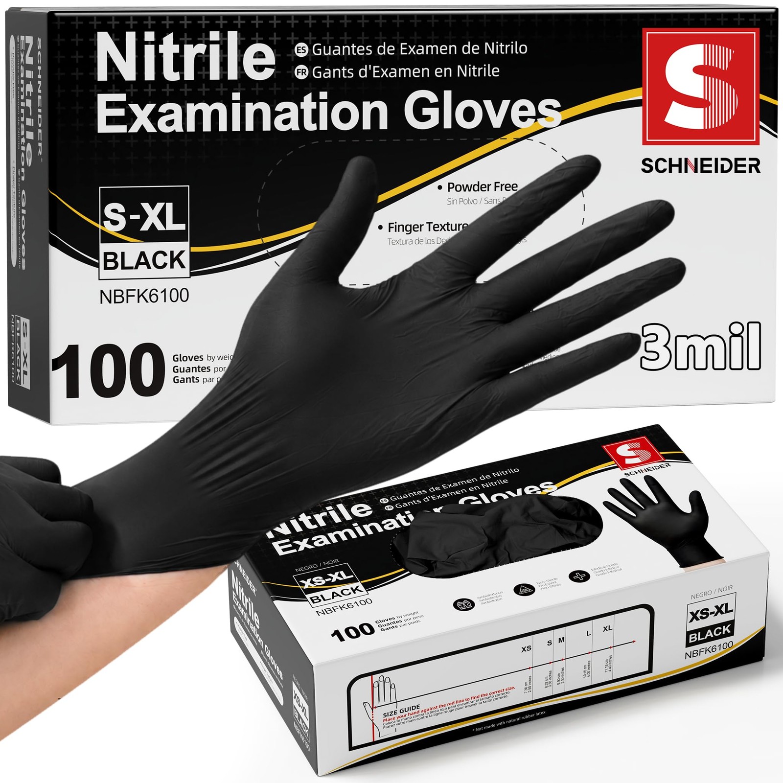 Schneider Nitrile Exam Gloves -XS, 100-ct Box, Black X-Small,