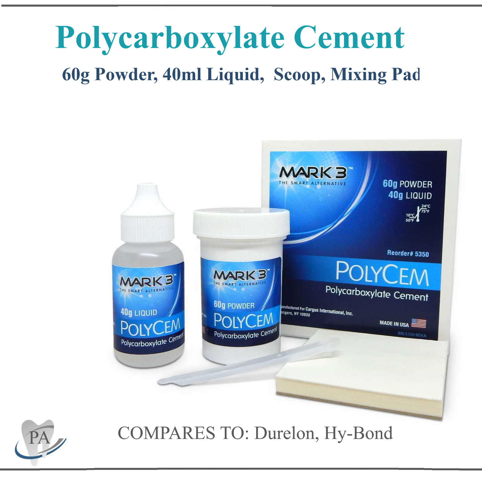 Dental Durelon Type Polycarboxylate Cement 1x 60g Powder & 1x 40 mL Liquid Kit