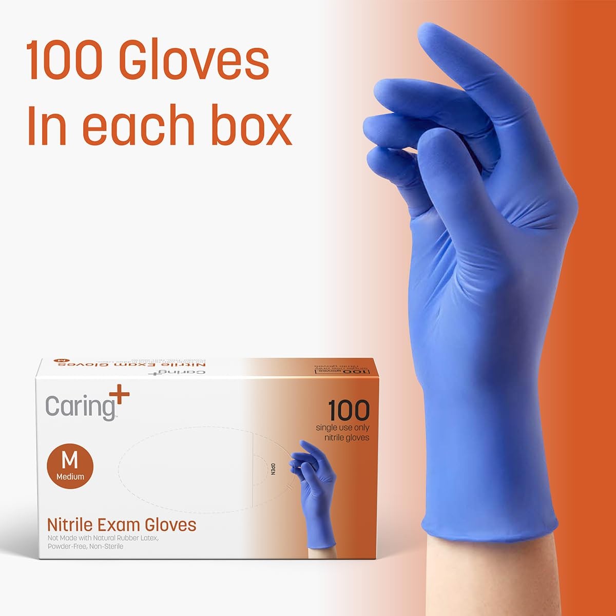 Caring Nitrile Exam Gloves Medium (Pack of 100), 100)