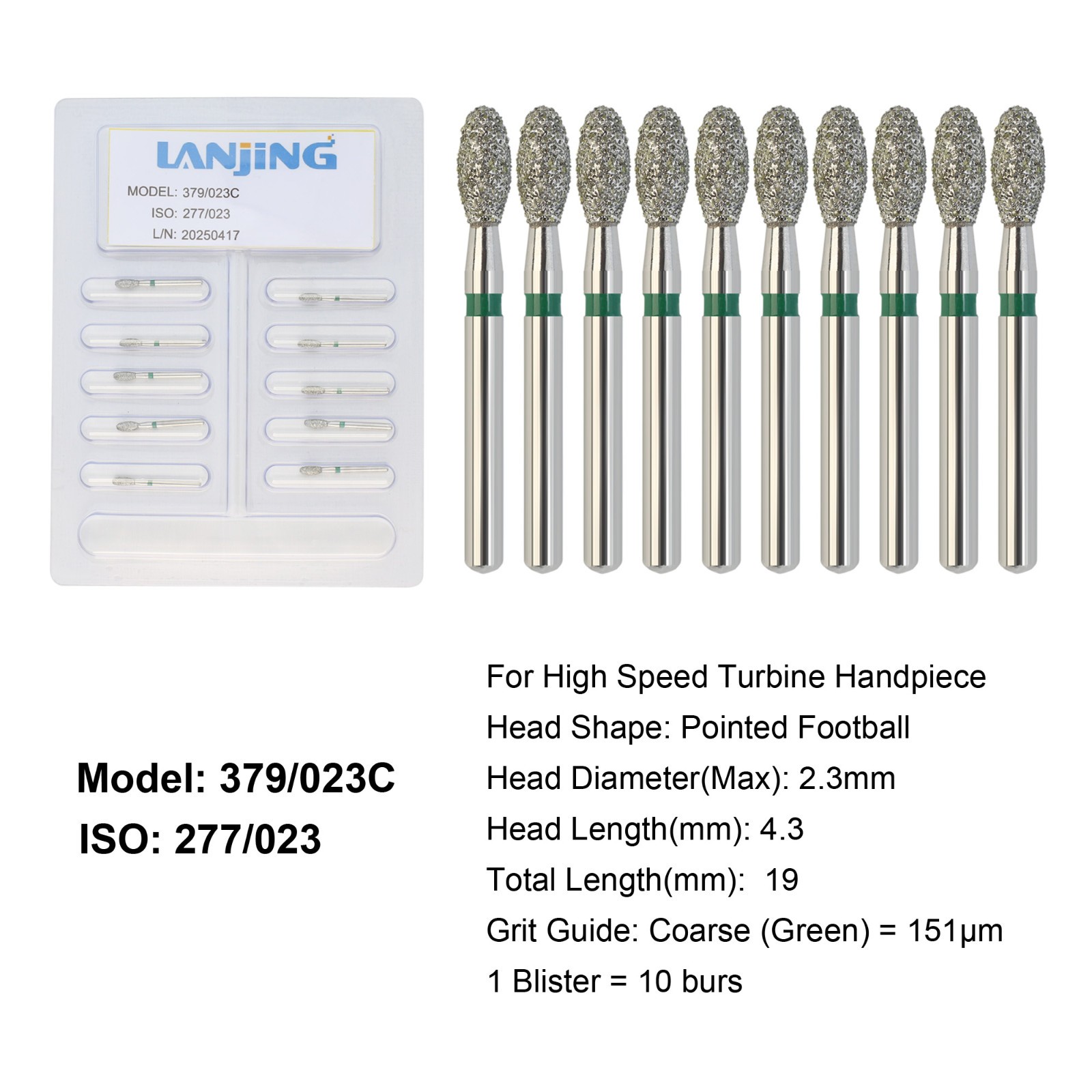 Dental Diamond Football Bur Burs FG Fine Coarse High Speed Friction Grip 379 368
