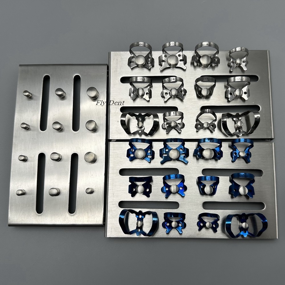 Dental Surgical Rubber Dam Clamp Blue/Sliver Instruments Endo With Tray Holder
