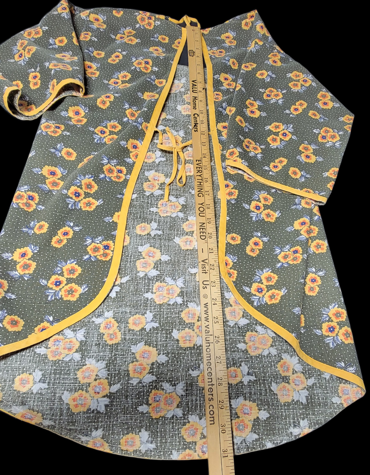 Classic Homemade Full Apron Women Green Yellow Floral 3/4 Sleeve Back Tie