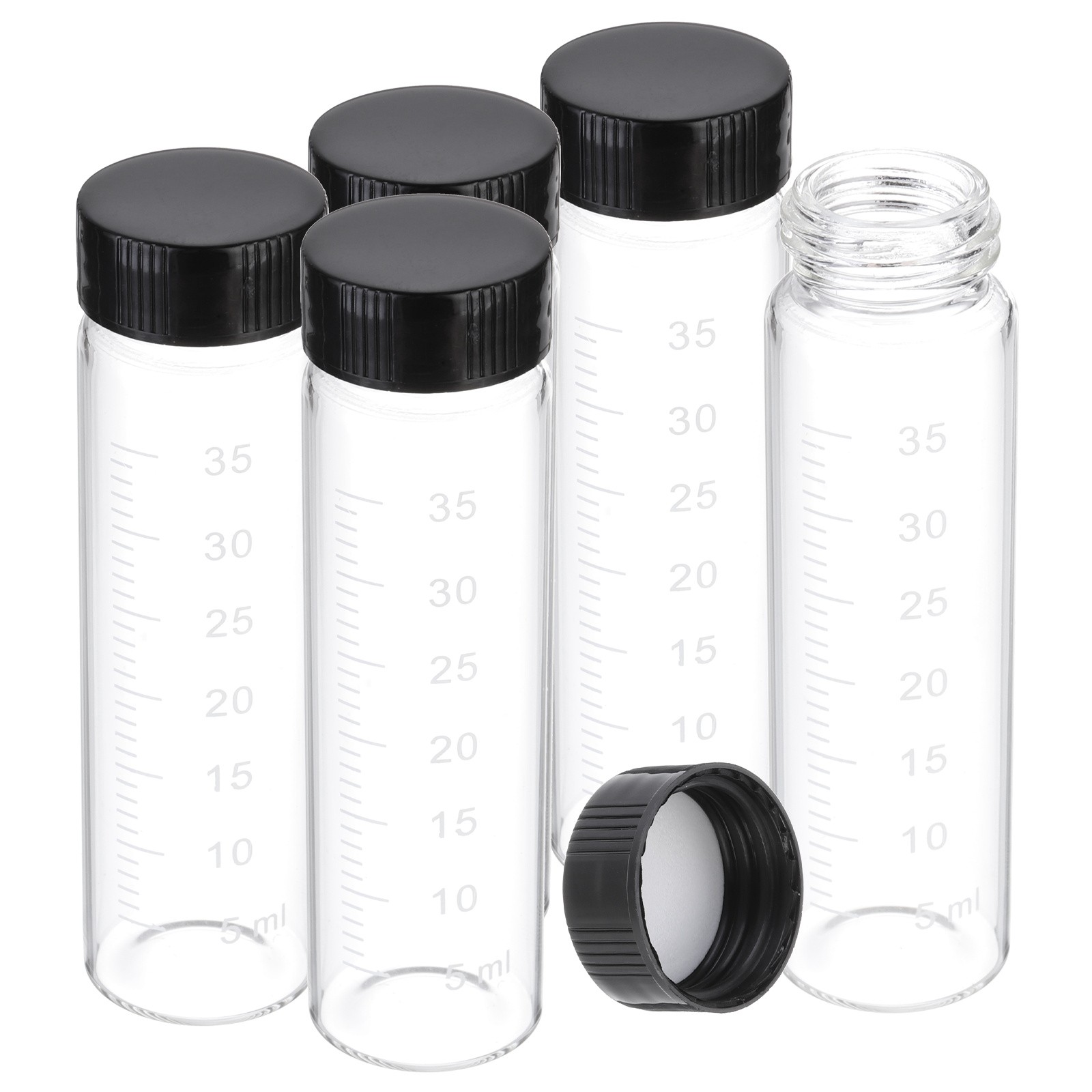 5 Pcs 40ml Clear Glass Vials with Black Screw Caps, Sealed Bottles with Scale