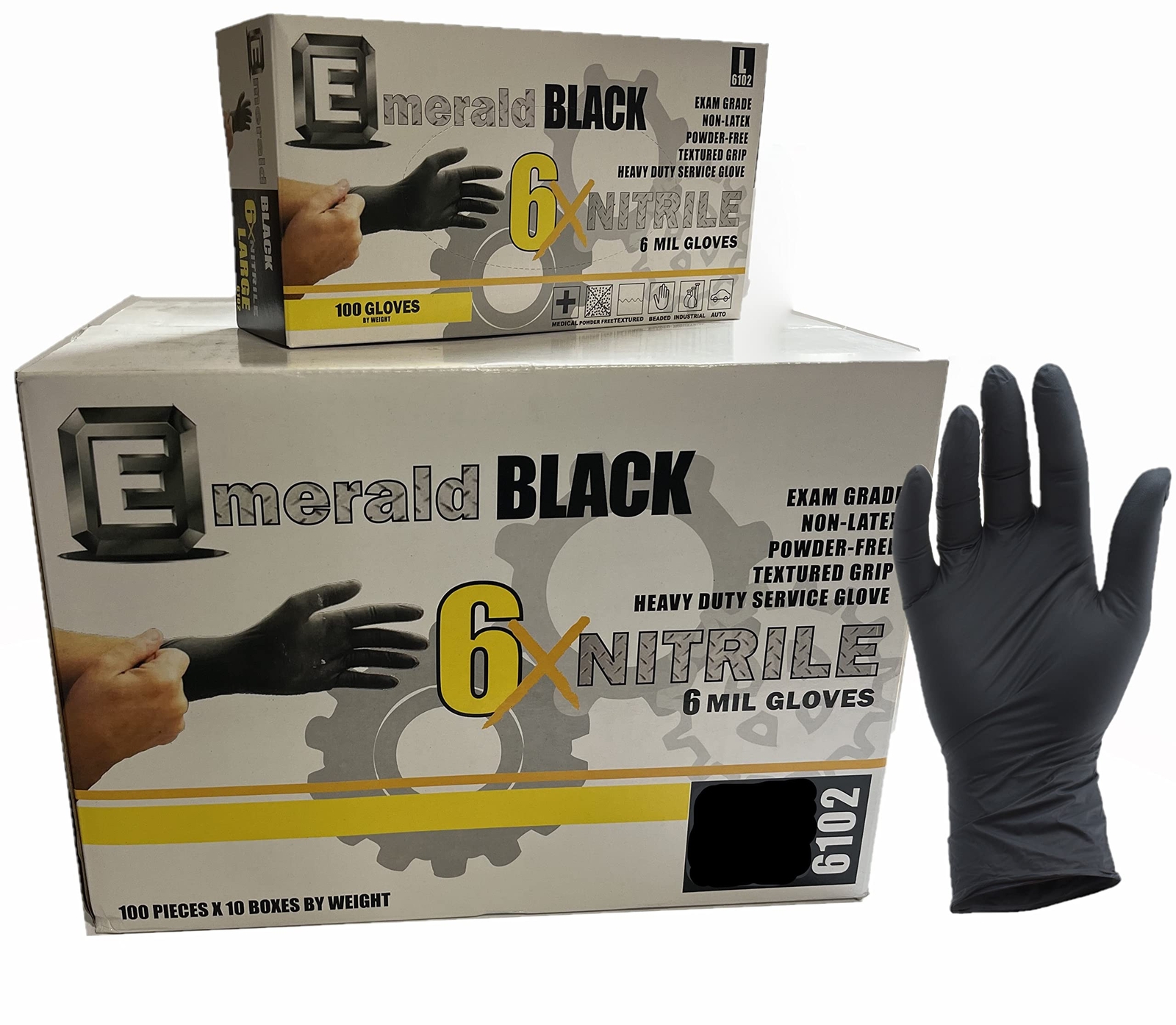 Emerald 6103, 10 Boxes, Black Nitrile Gloves, XL, Latex & Powder Free, Superior.
