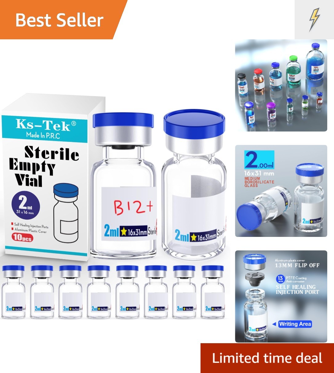 2ml Clear Sterile Glass Vials with Self Healing Port and Aluminum Cap – 10 Vials