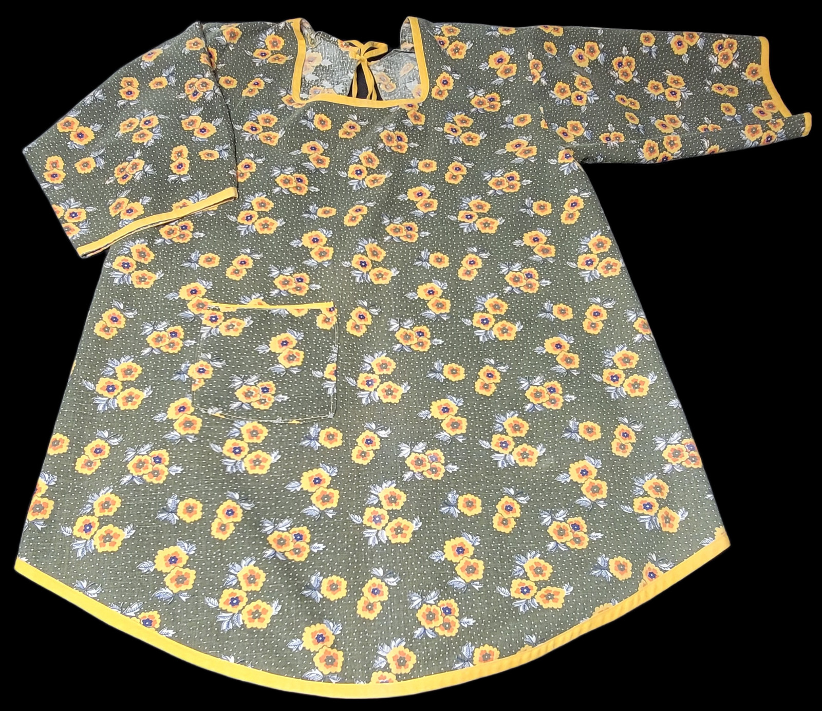 Classic Homemade Full Apron Women Green Yellow Floral 3/4 Sleeve Back Tie