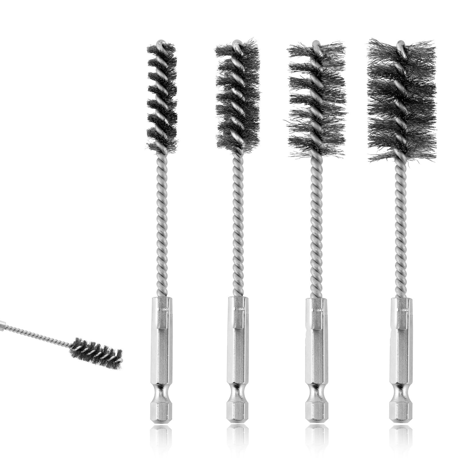 4pcs Wire Brush, Stainless Steel Twisted Bore Brush with 1/4″ Hex Shank black