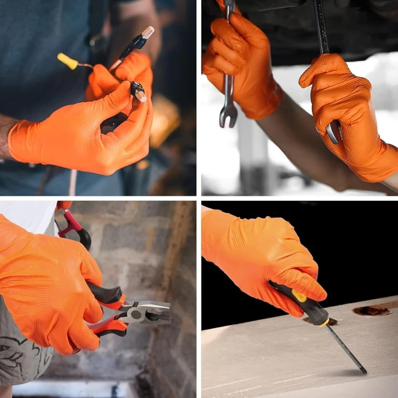 8mil Orange Nitrile Disposable Gloves Heavy Duty Mechanic Work