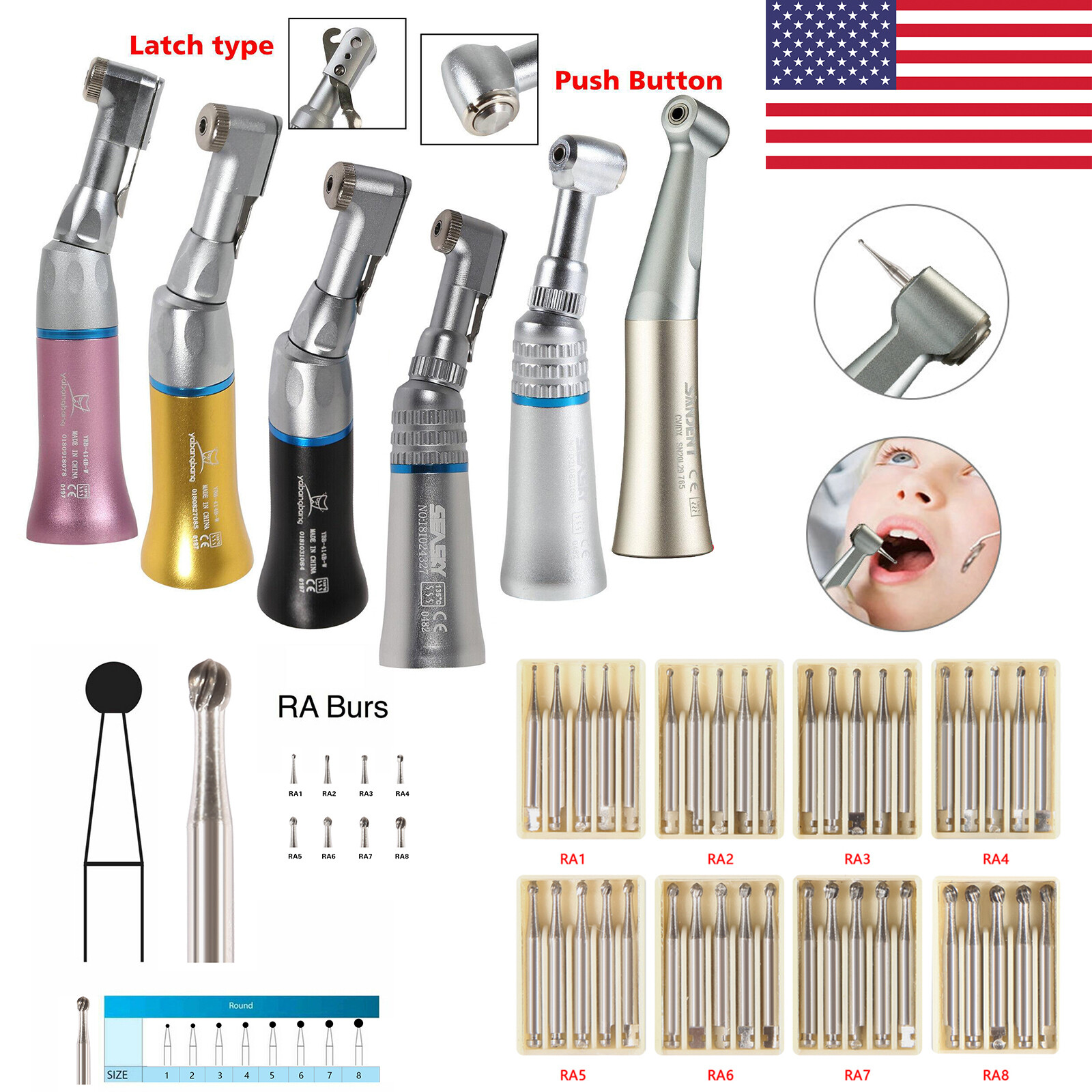 NSK Style Dental Slow Low Speed Contra Angle Handpiece Push Button Latch E-type