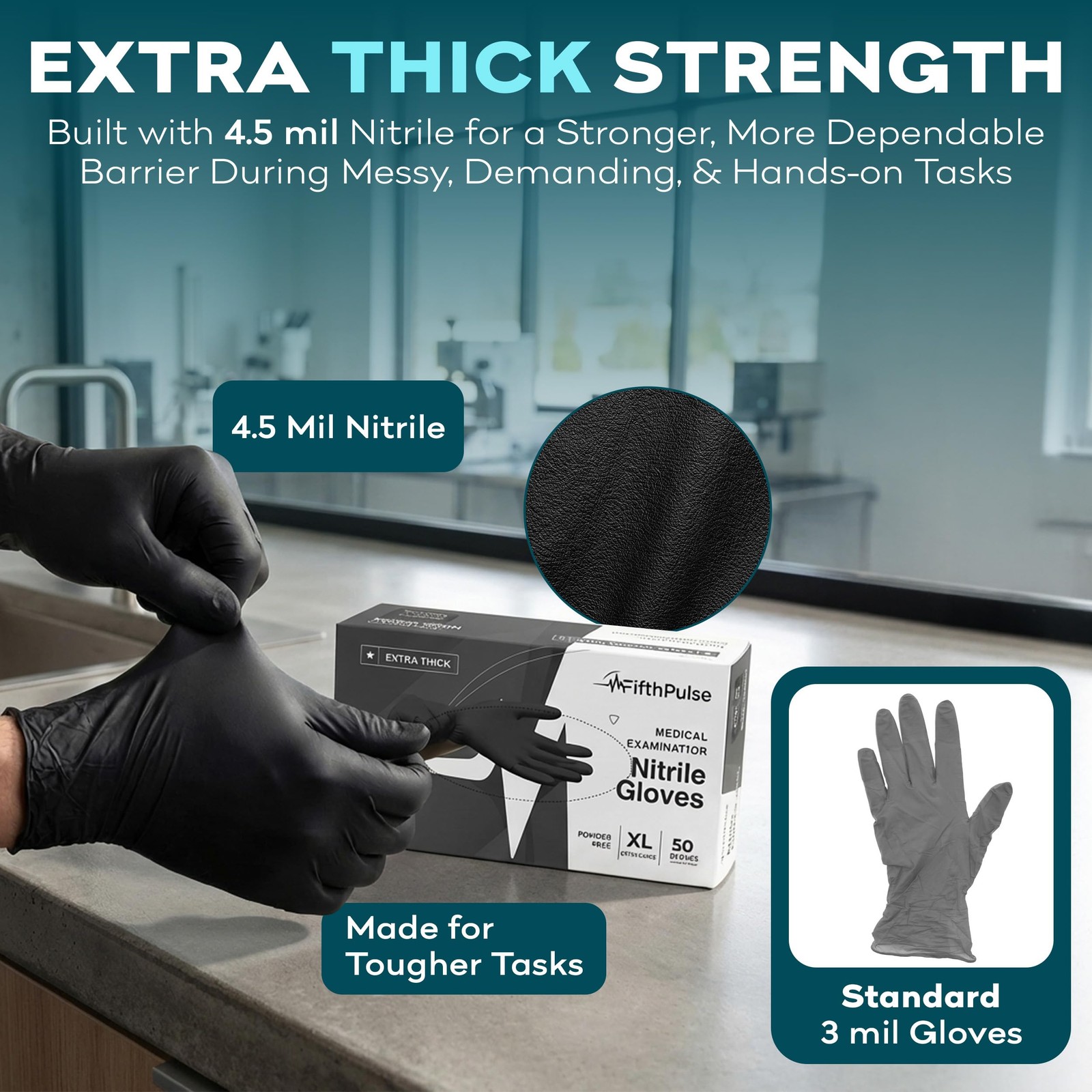 Disposable Black Nitrile Gloves Large 50 Count – Extra Thick 4.5 Mil –