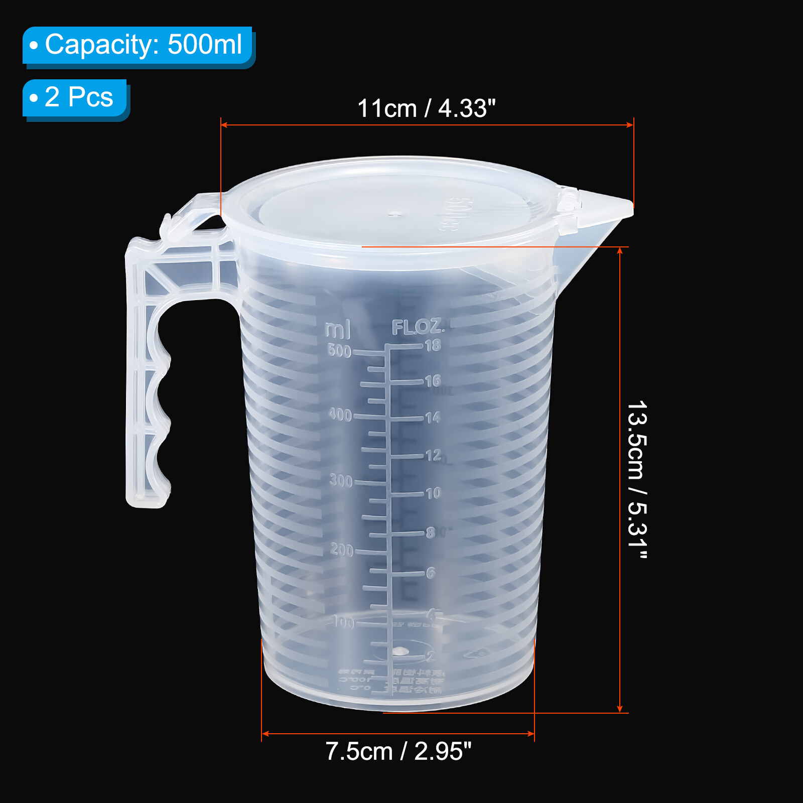Graduated Beaker, 2 Pack 500ml PP Plastic Cup Double Sided Black Graduations