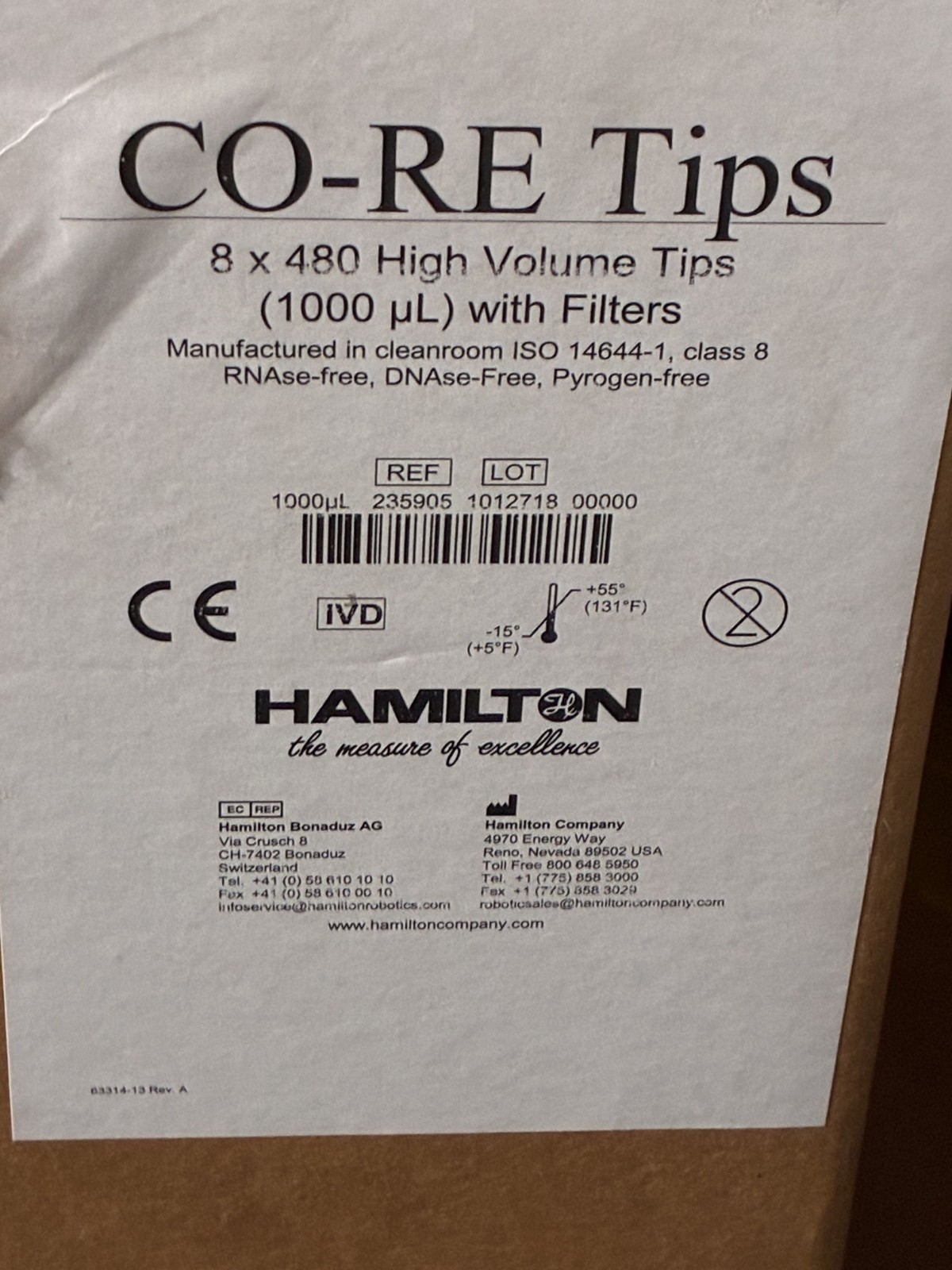 Hamilton CO-RE Tips 8 X 480 High Volume Tips (1000 µL) With Filters Brand New