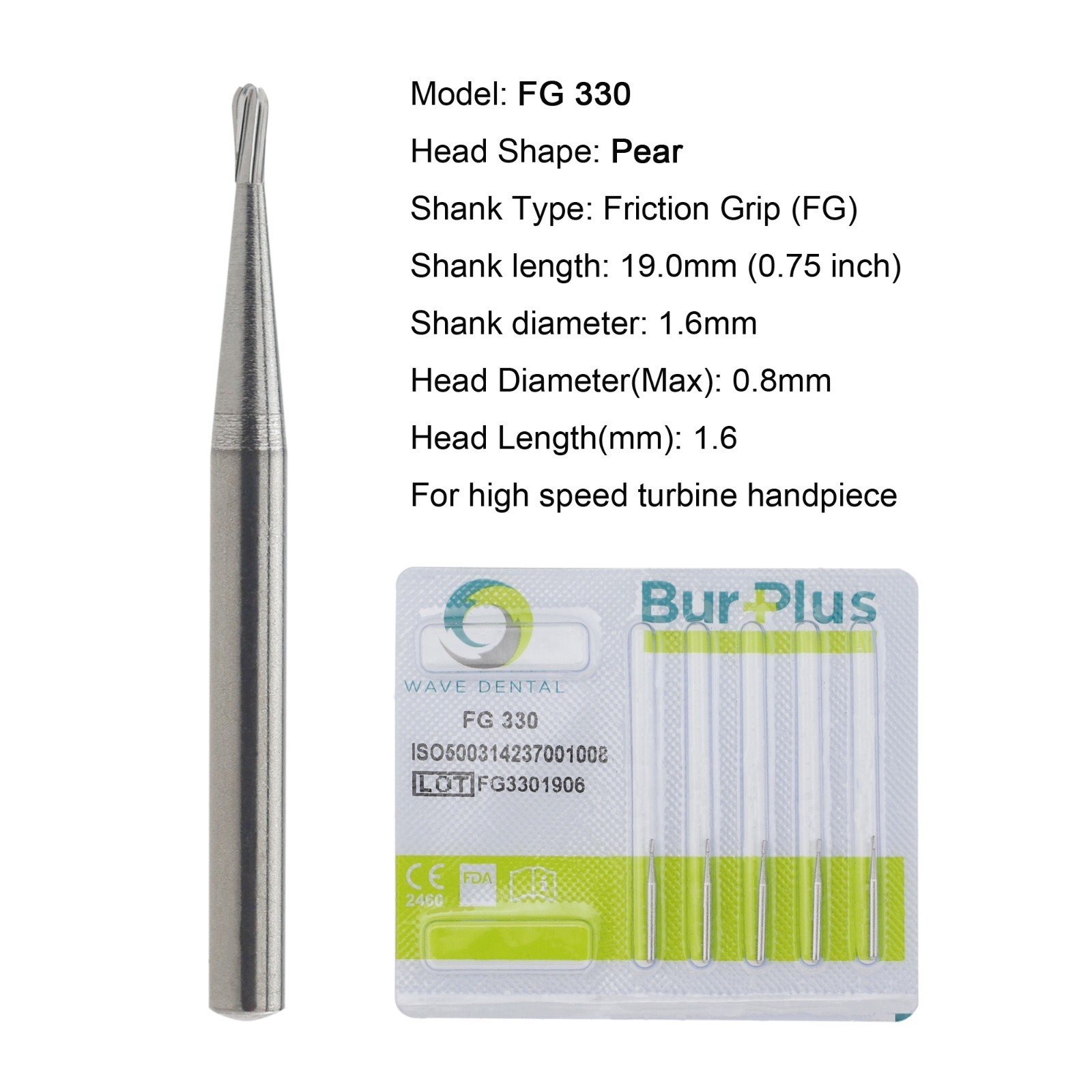 Dental Burs Carbide Pear 330 Diamond Burs Friction Grip High Speed FG 830/010C