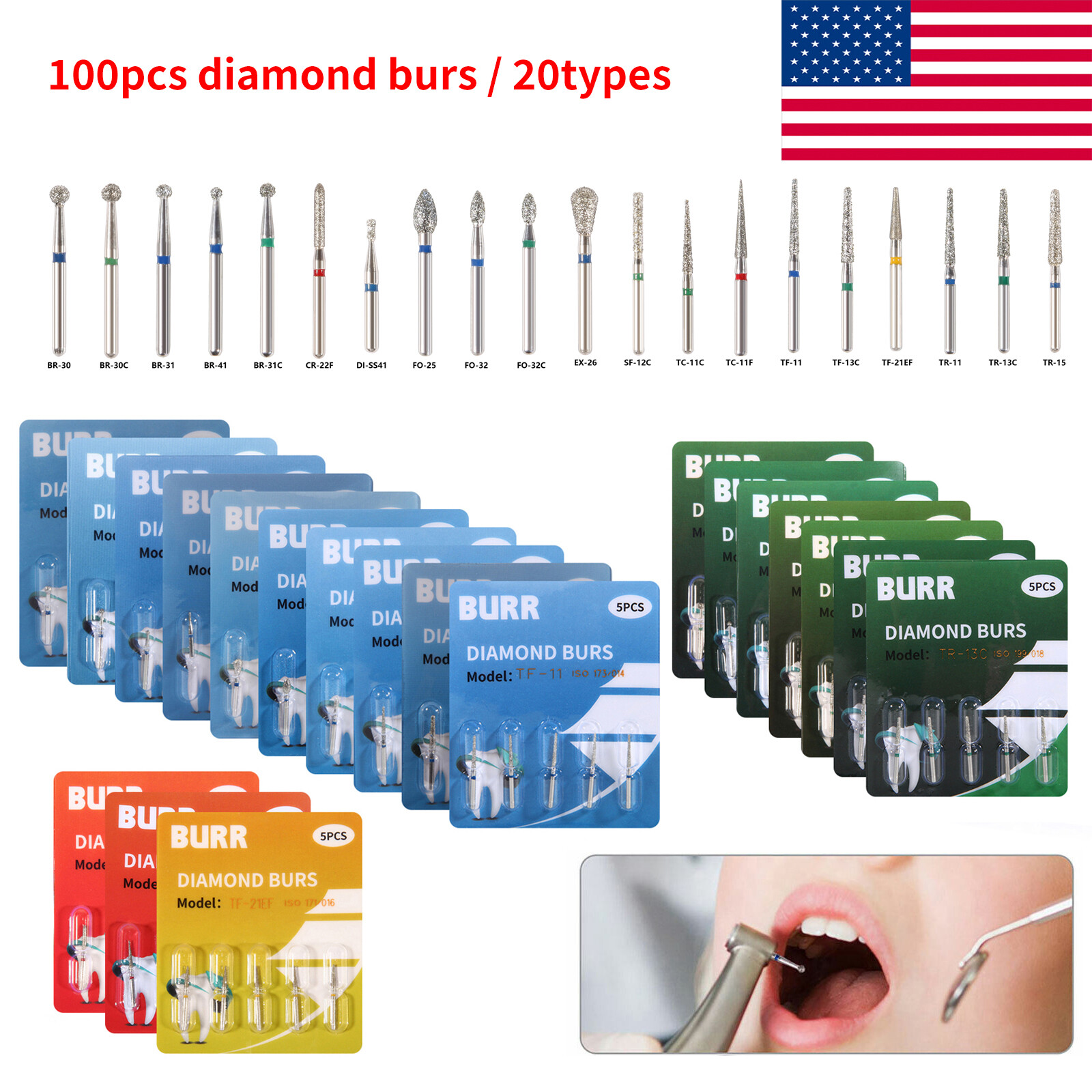 LED E-generator Fiber Optic High Speed Handpiece / 100pcs FG1.6mm Burs HU Dental