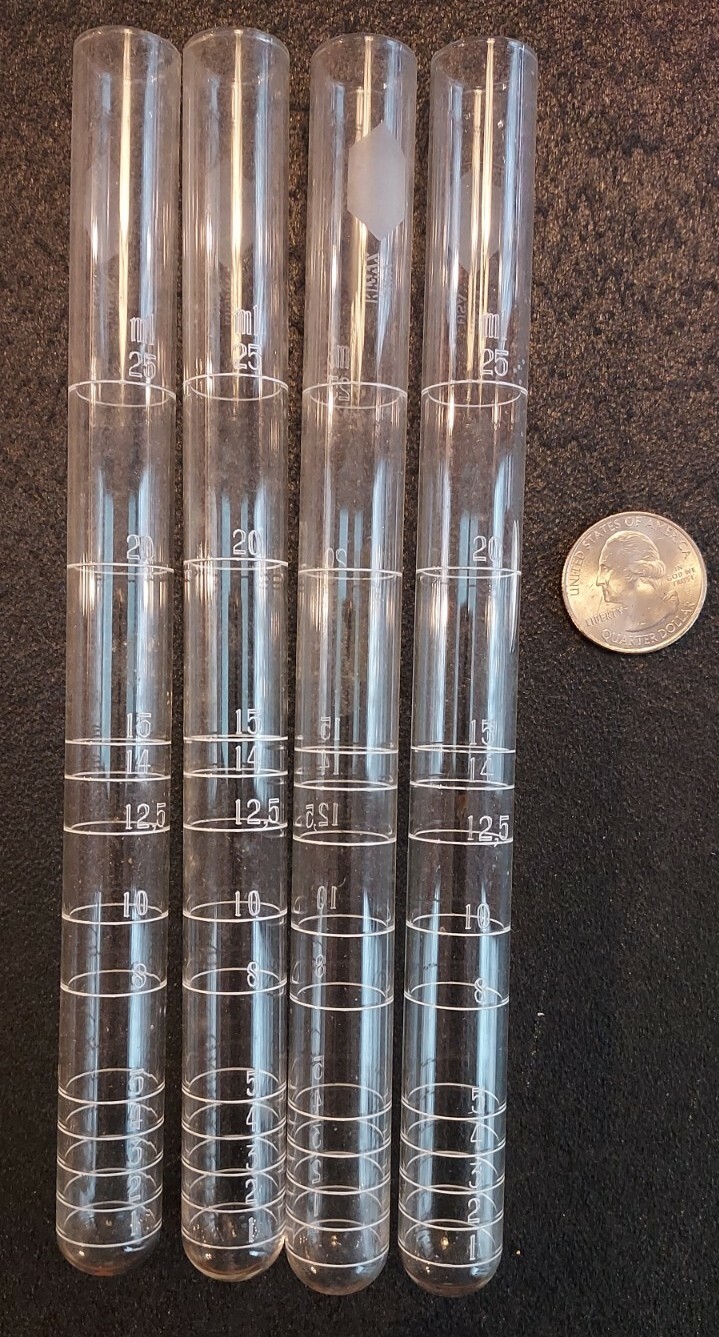 Kimble Kimax Graduated Tubes set of 4. Each marked from 1 ML to 25 ML