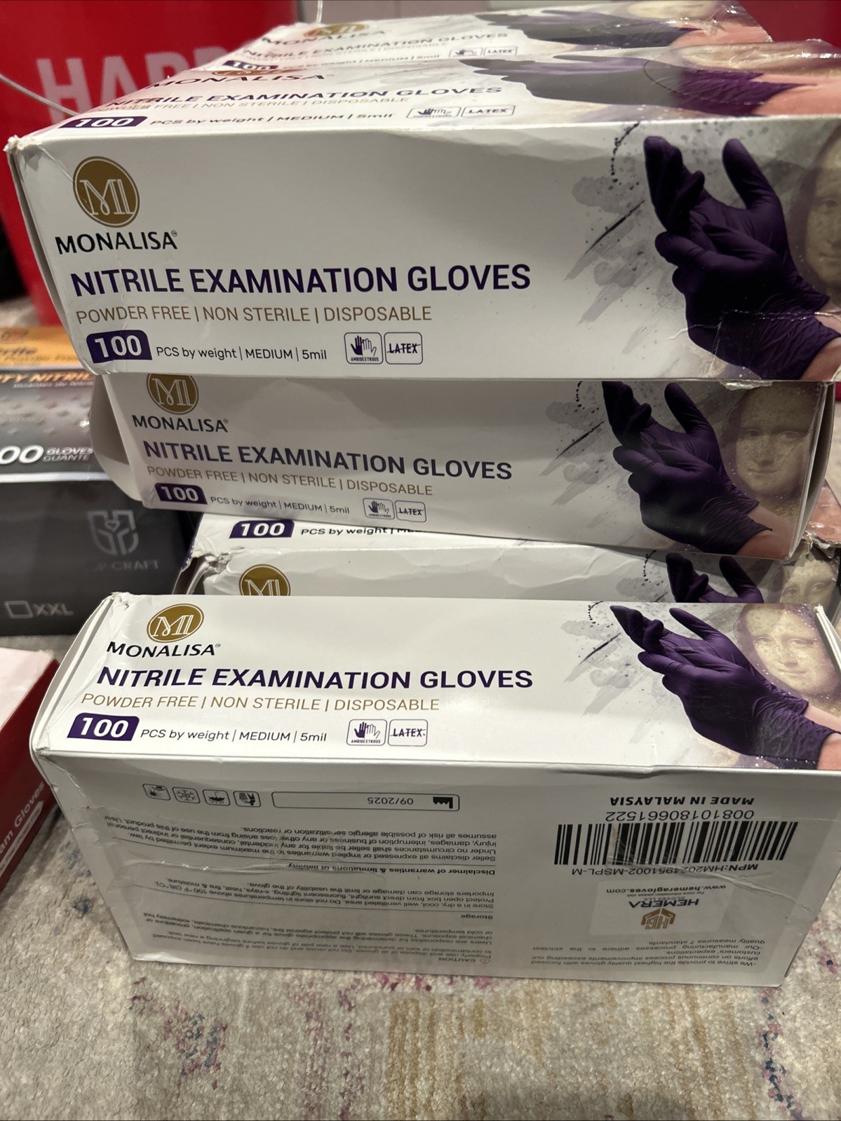 MonaLisa Exam Gloves Large 100 Count Box Non Sterile Gloves Purple Disposable