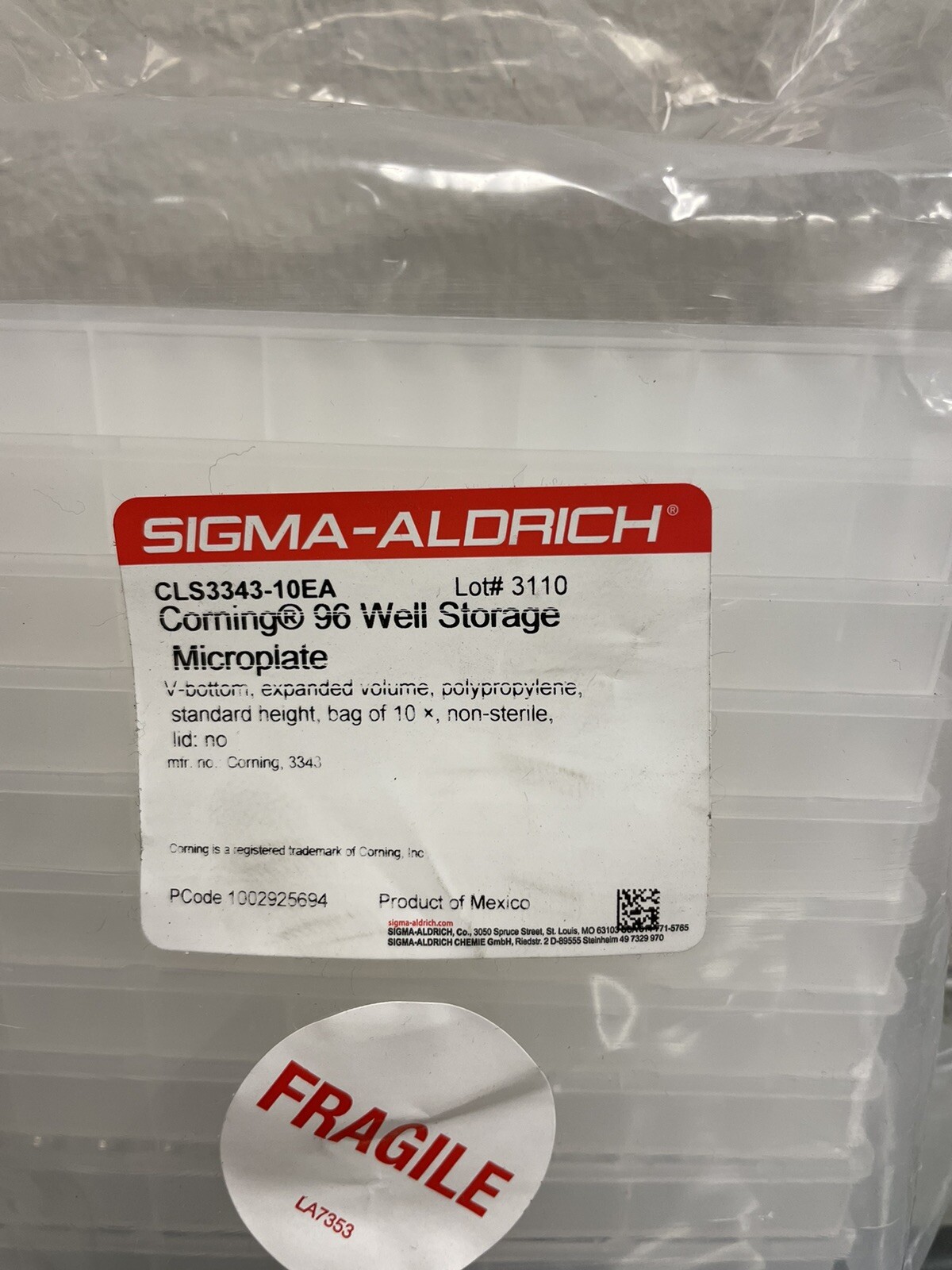 Corning 96-Well Storage Microplate, V-Bottom, Bag Of 10, 3343