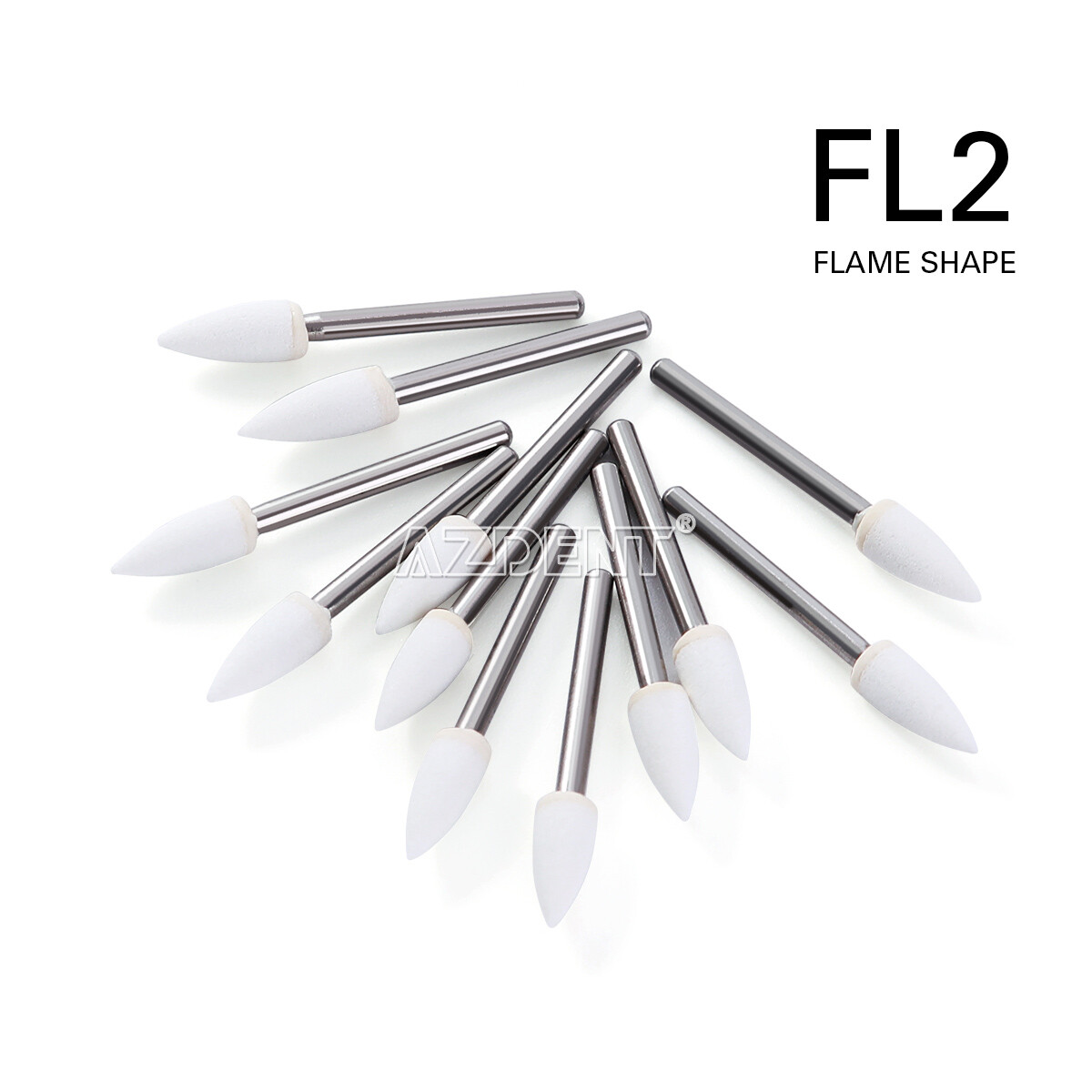AZDENT Dental White Stone Polishing Burs Flame Mounted FG Abrasion Point Burs