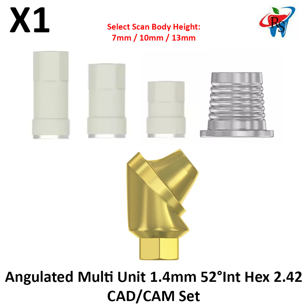 Dental Angulated Titanium Multi Unit 1.4 52° Int Hex 2.42 CAD/CAM Set Prosthetic