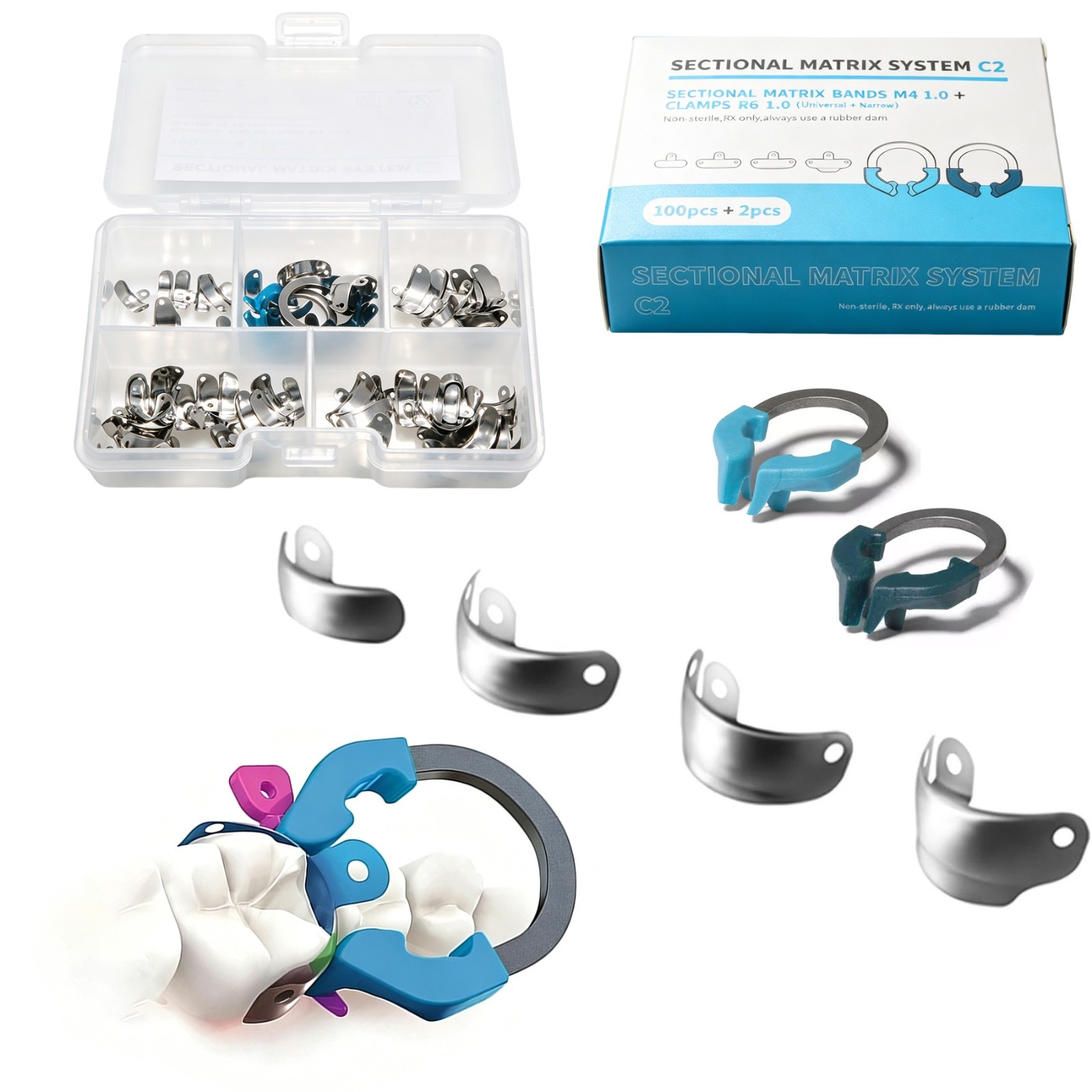Palodent V3 Dental Sectional Matrix Clamp System Kit C2 100 Bands 2 NiTi Rings