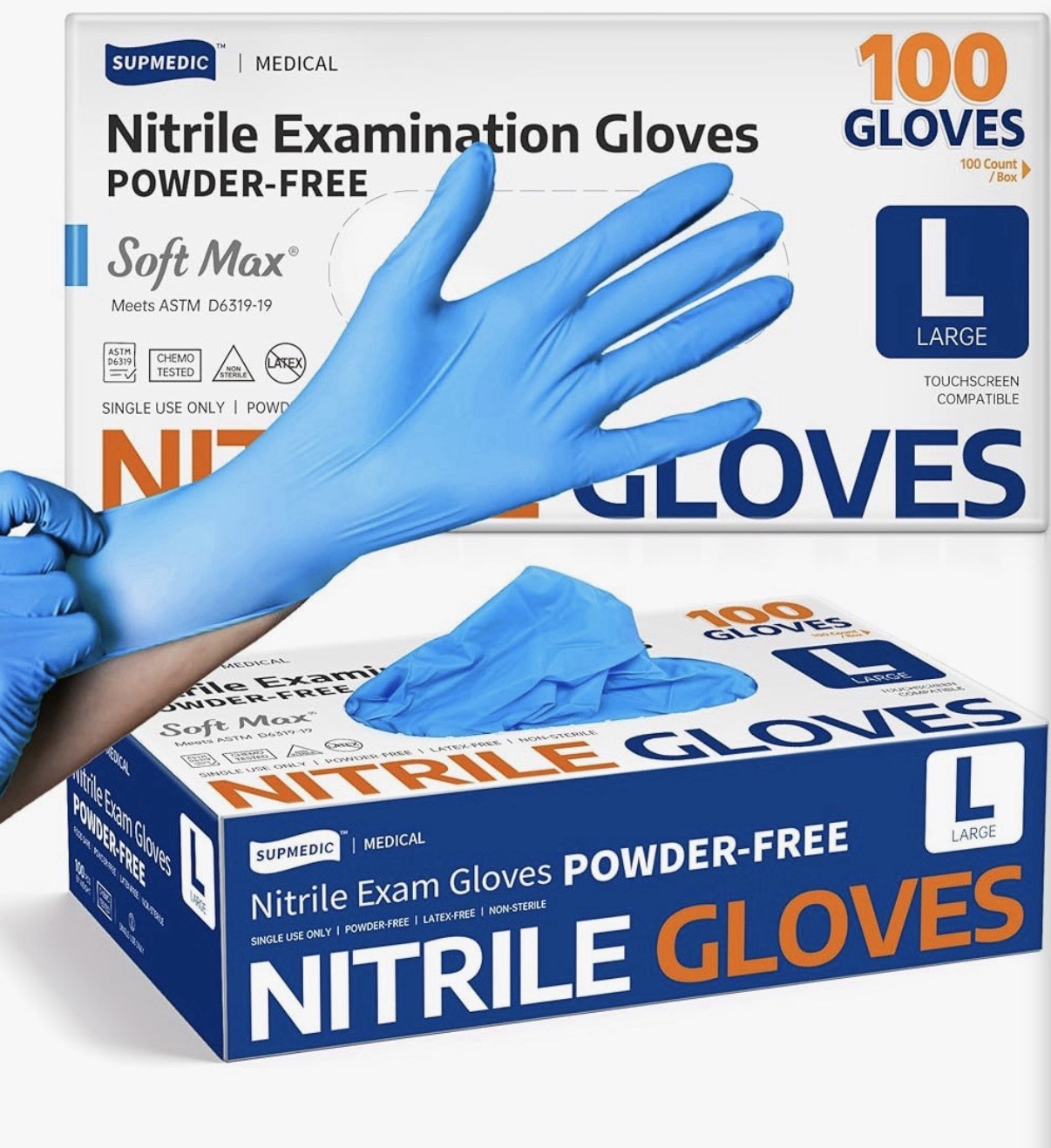 Supmedic Soft Max Nitrile Exam Gloves Powder-Free Large Size 100 Count