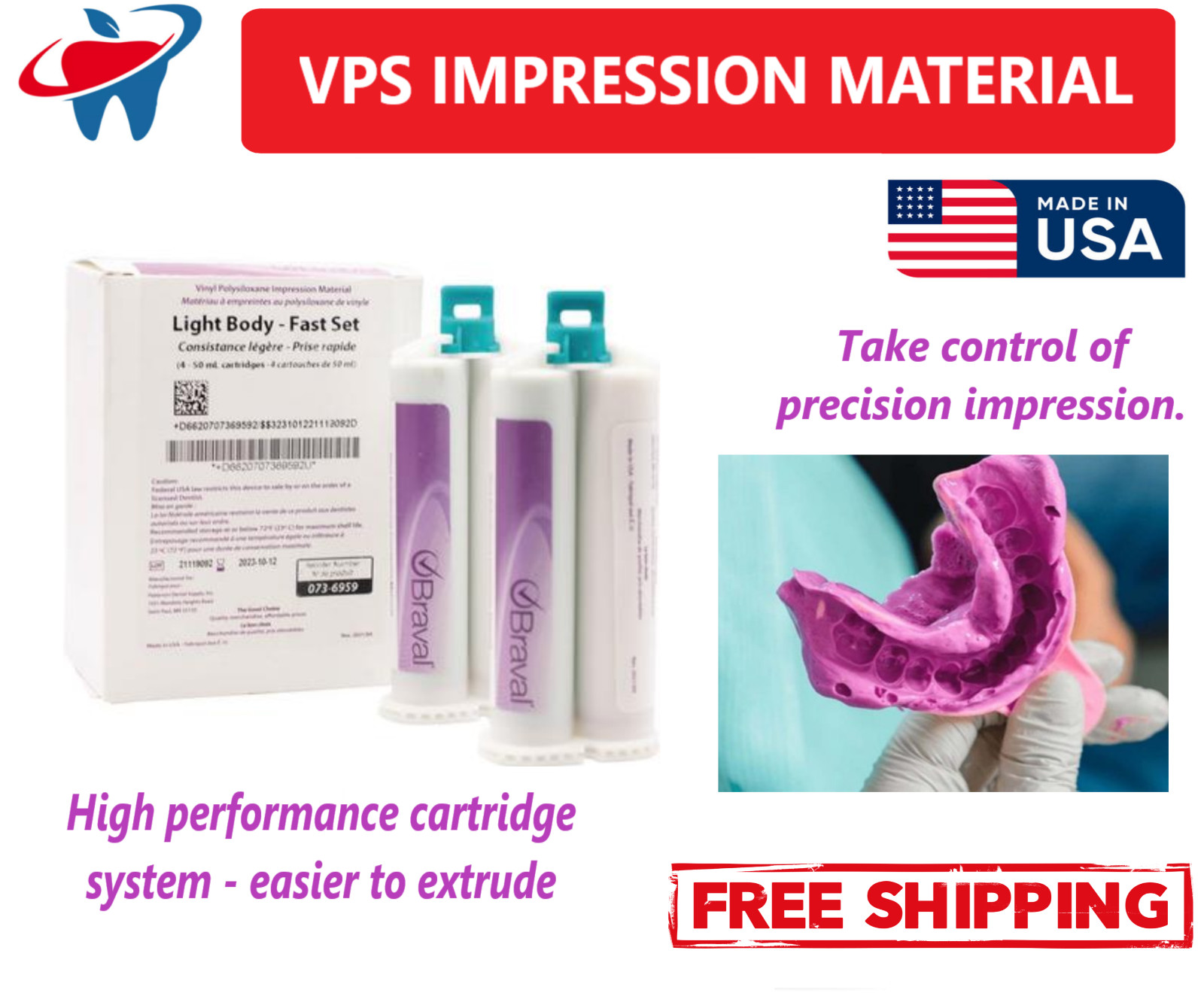 4/Box Dental VPS Impression Material Heavy Body Medium Light Fast Set, Made USA