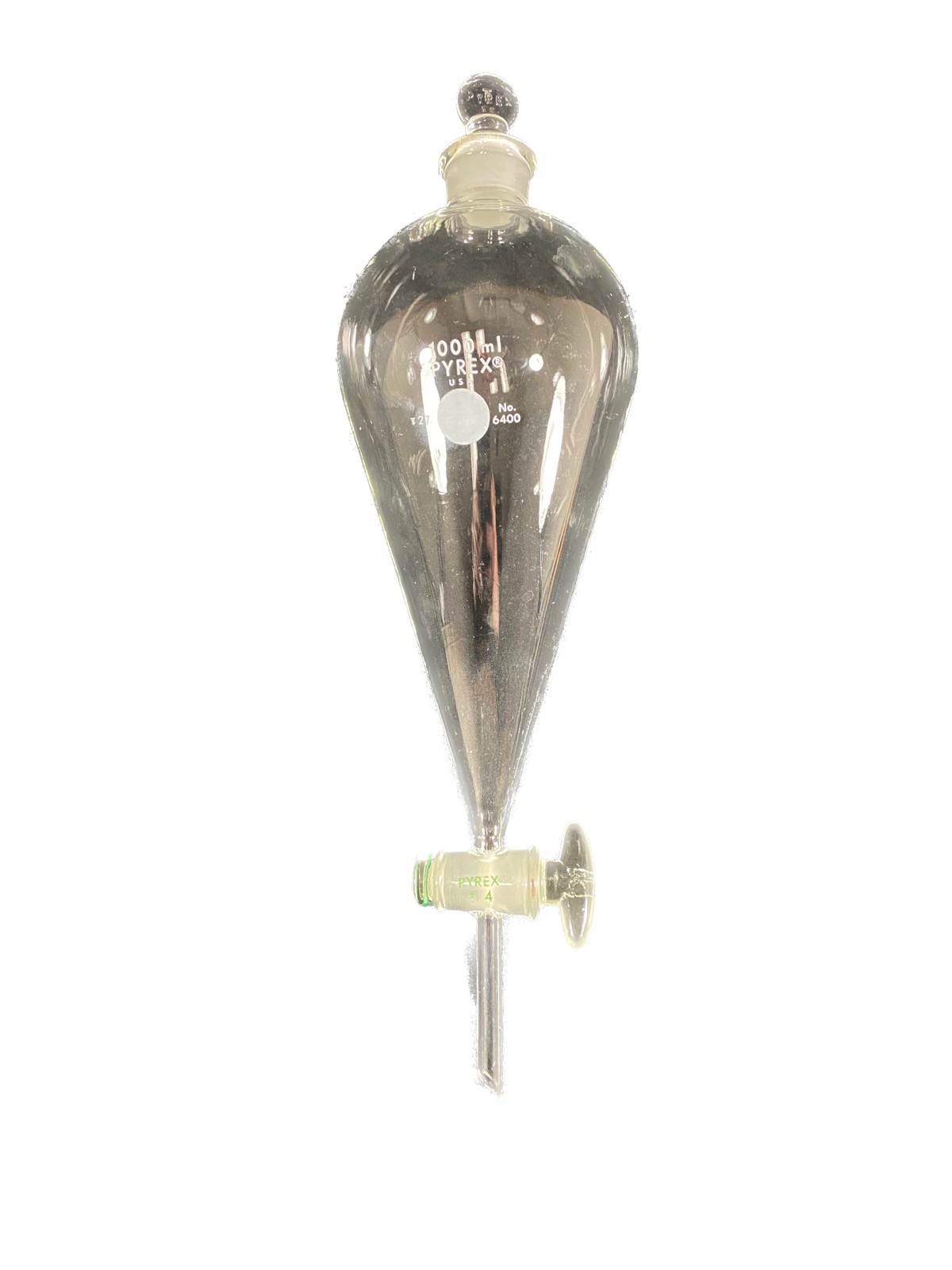 PYREX Glass 1000mL Squibb #27 Stopper 4mm Stopcock Separatory Funnel 6400-1L
