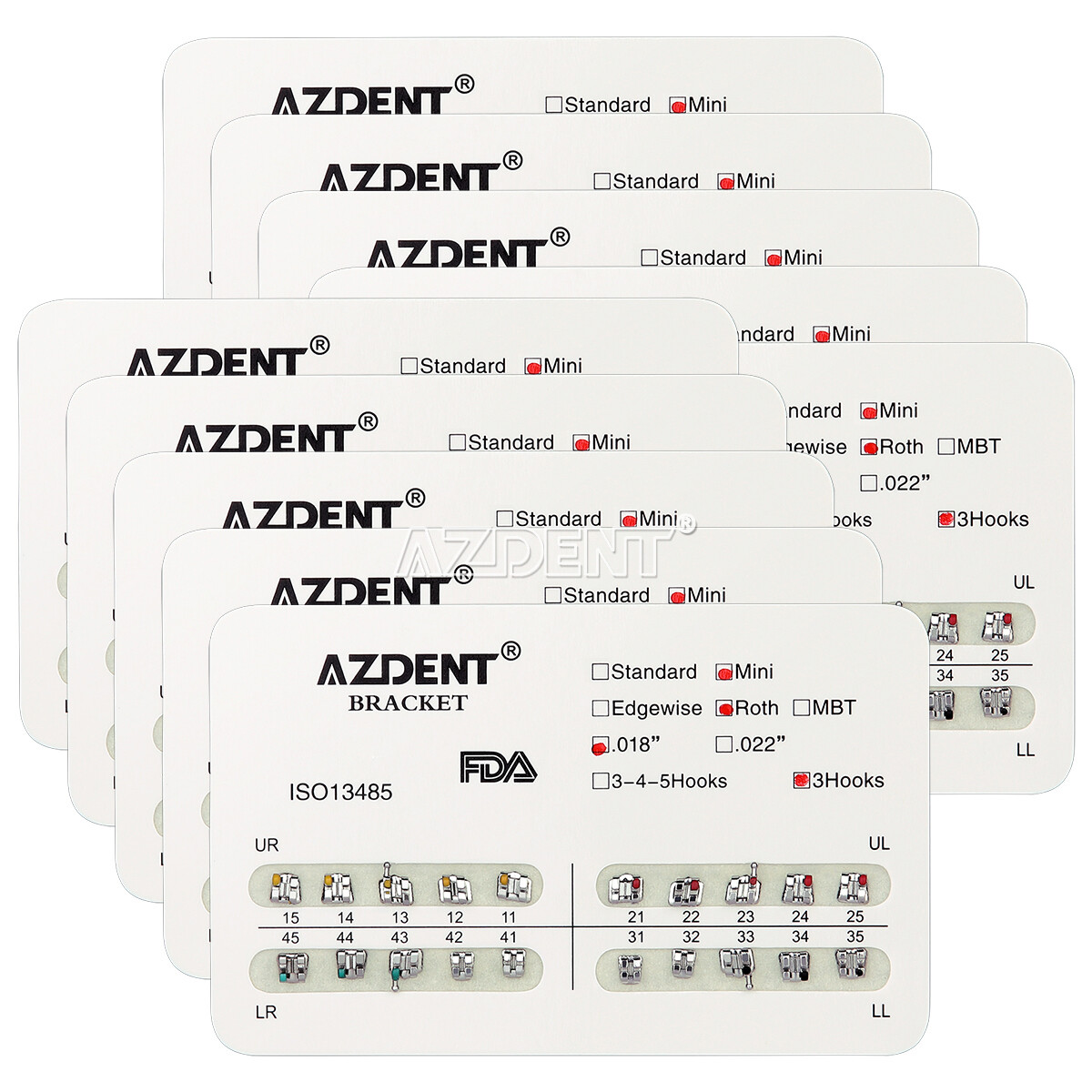 AZDENT 10X Dental Ortho Brackets Mini/Standard MBT/Roth Hooks 3 4 5/Bonding kit