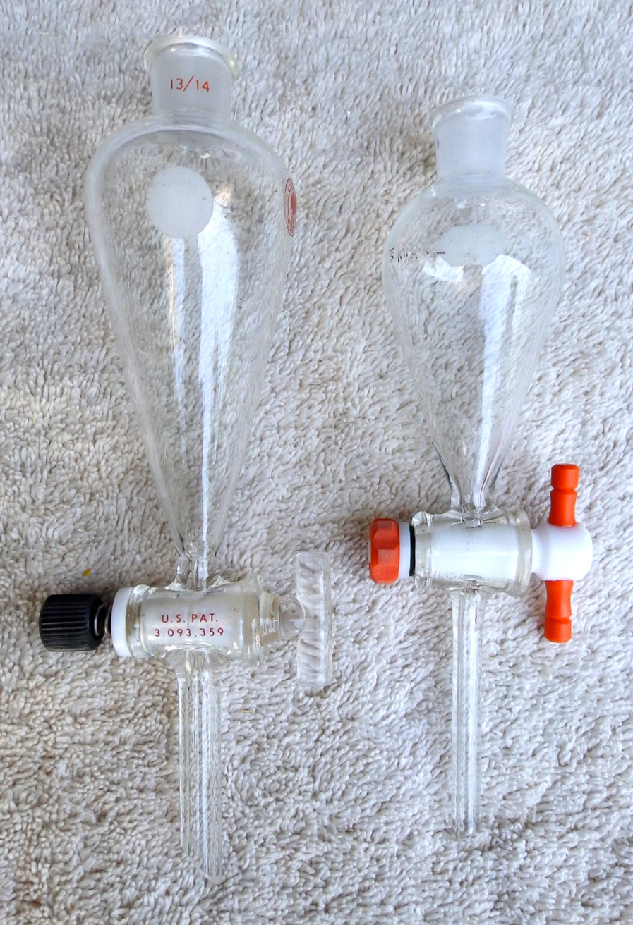 Two Lab Glass Separatory Funnels Telfon Glass Stopcock Ace Glass Inc.