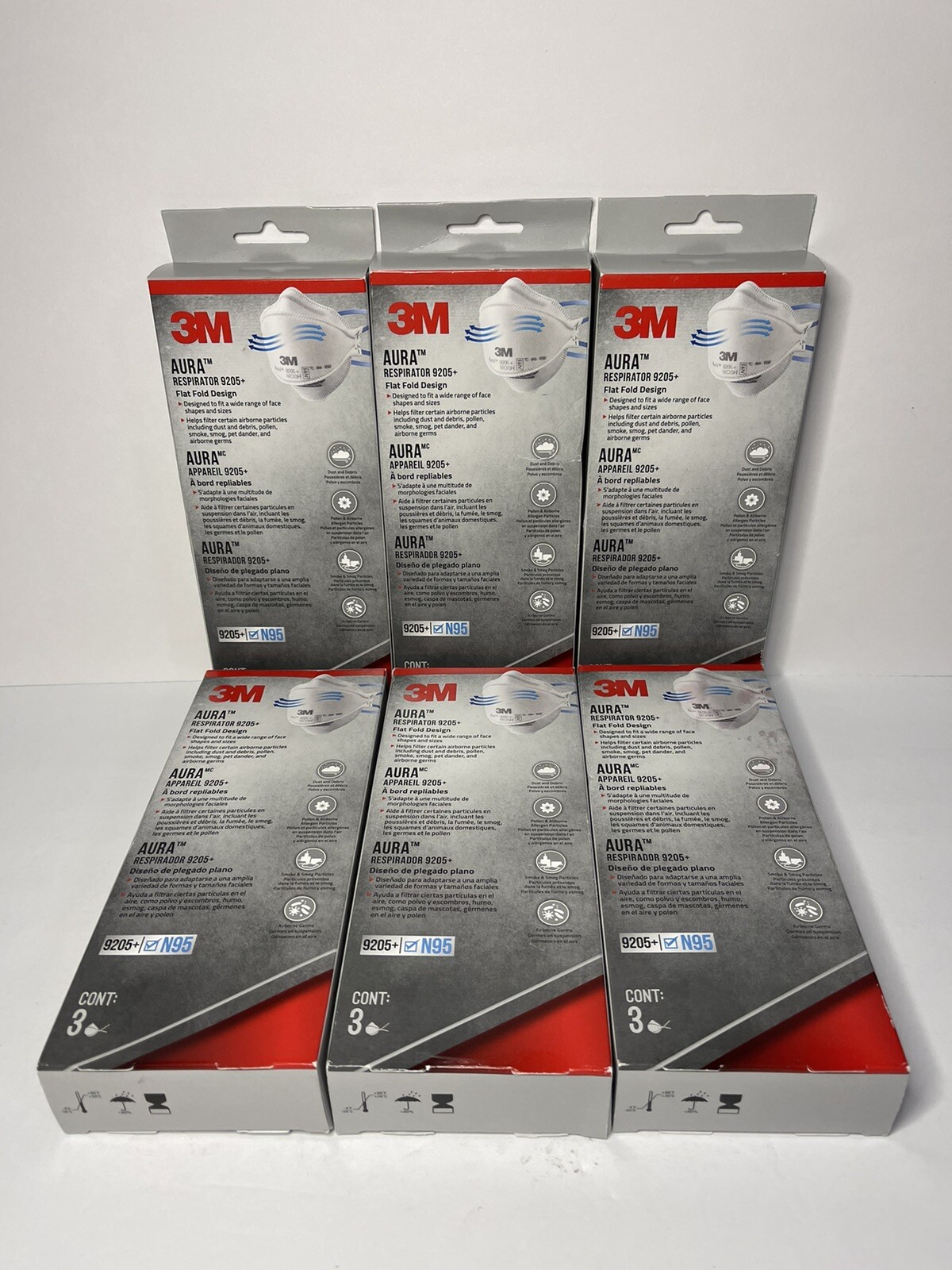 NEW 3M Aura Respirator 9205+ N95 3-pack Sealed Masks Exp. 06/26 lot of 6
