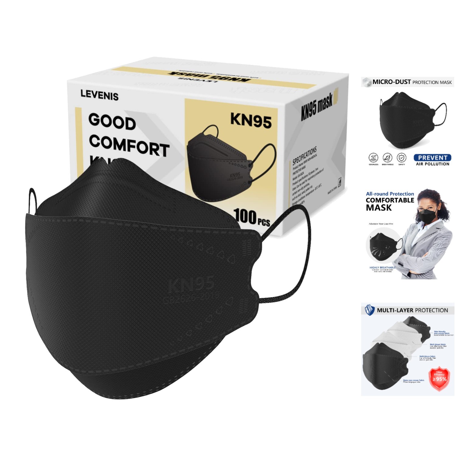 Levenis KN95 Face Masks 100 Count – Lightweight, Ergonomic Design for Adults