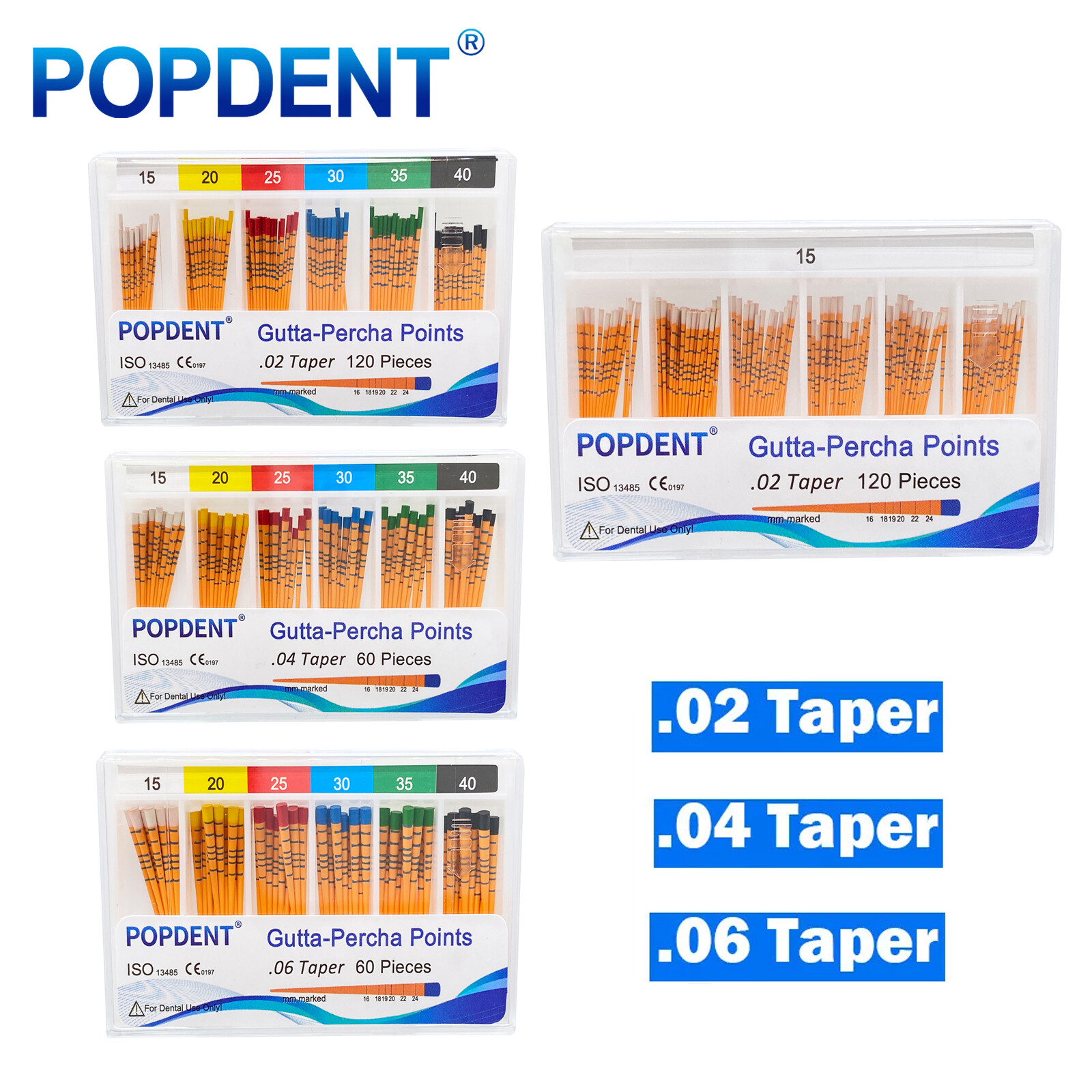 POPDENT Gutta Percha Points .02 .04 .06 F1 F2 F3 Standard Multicolor Endo Marked