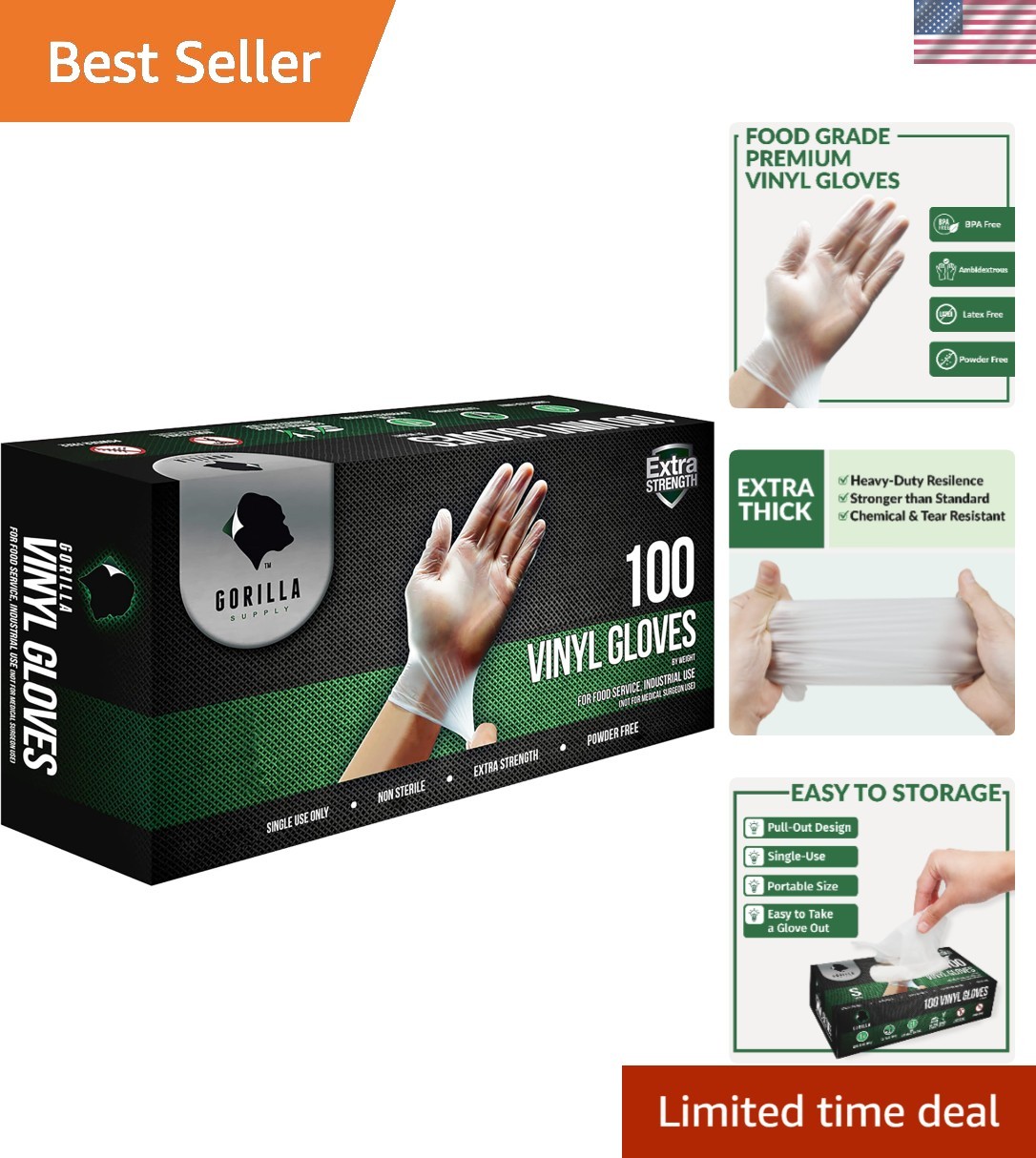 Heavy Duty Vinyl Gloves – Disposable, Latex & Powder Free, Food Safe, 100 Count