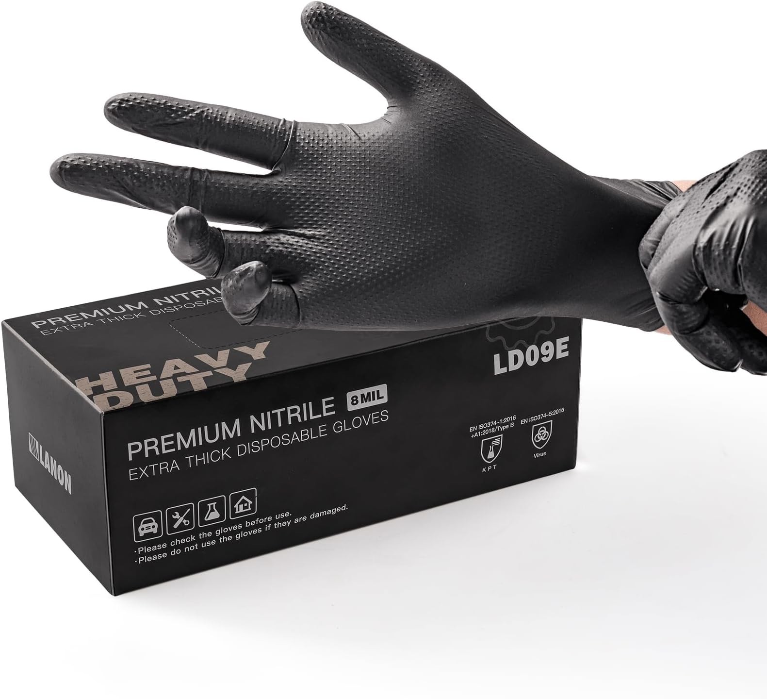 LANON Black Nitrile Disposable Gloves, EN ISO 374 Chemical Resistant, Heavy-D…