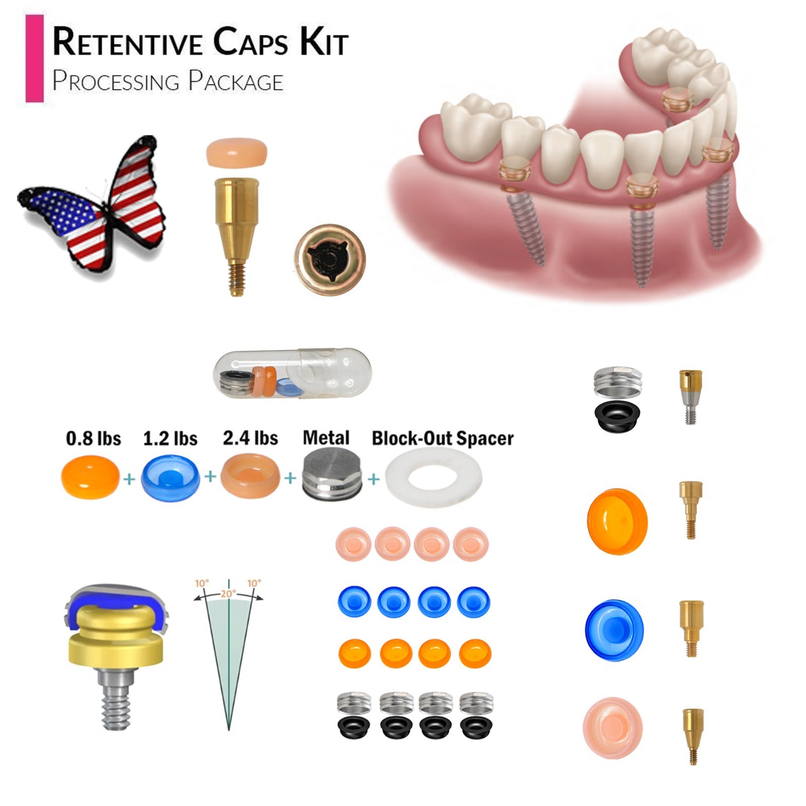 Universal Dental Locator Retention Caps PEEK Male Insert Core Tool Overdenture