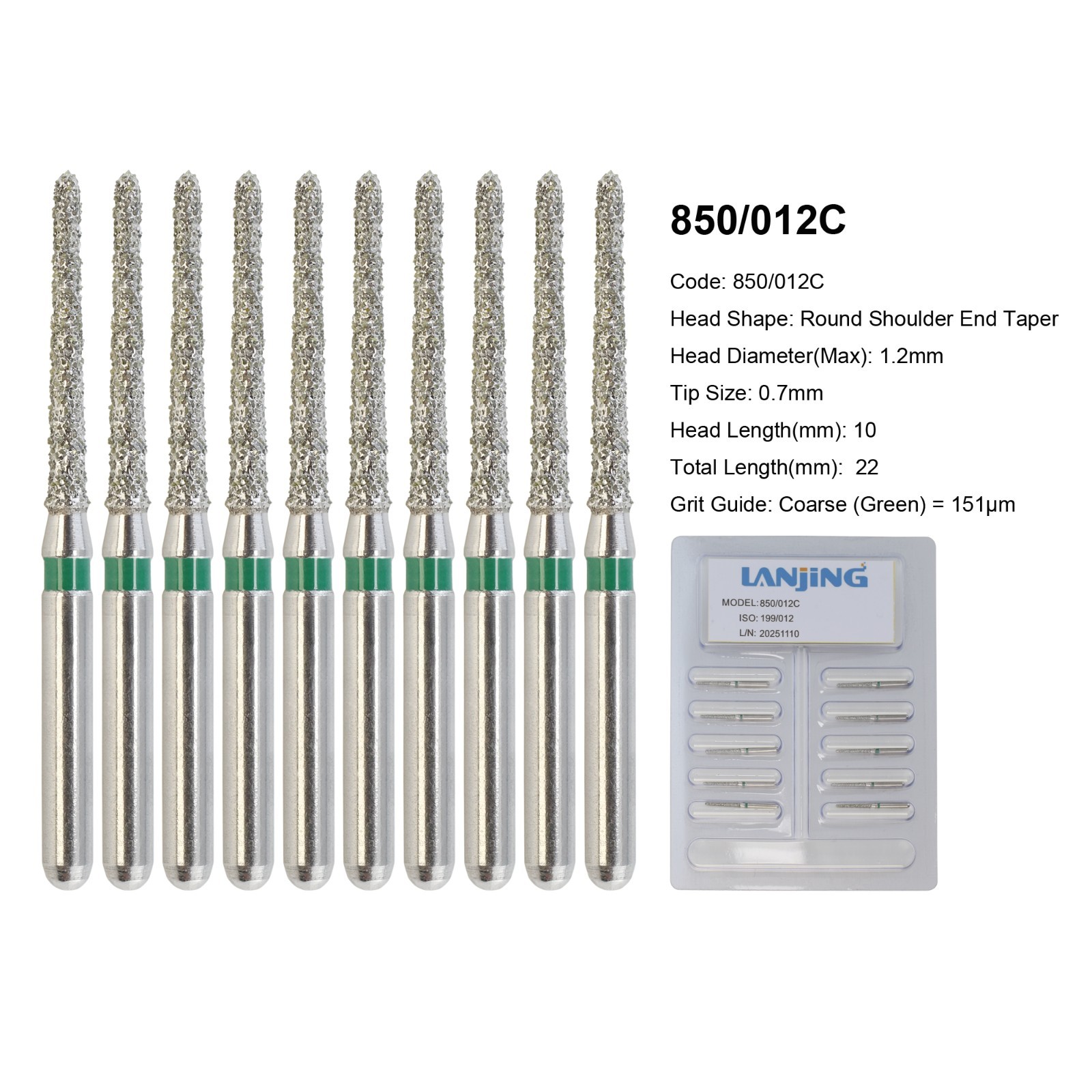 Dental Diamond Bur 850/012C Round End Taper Bur Coarse Grit High Speed FG