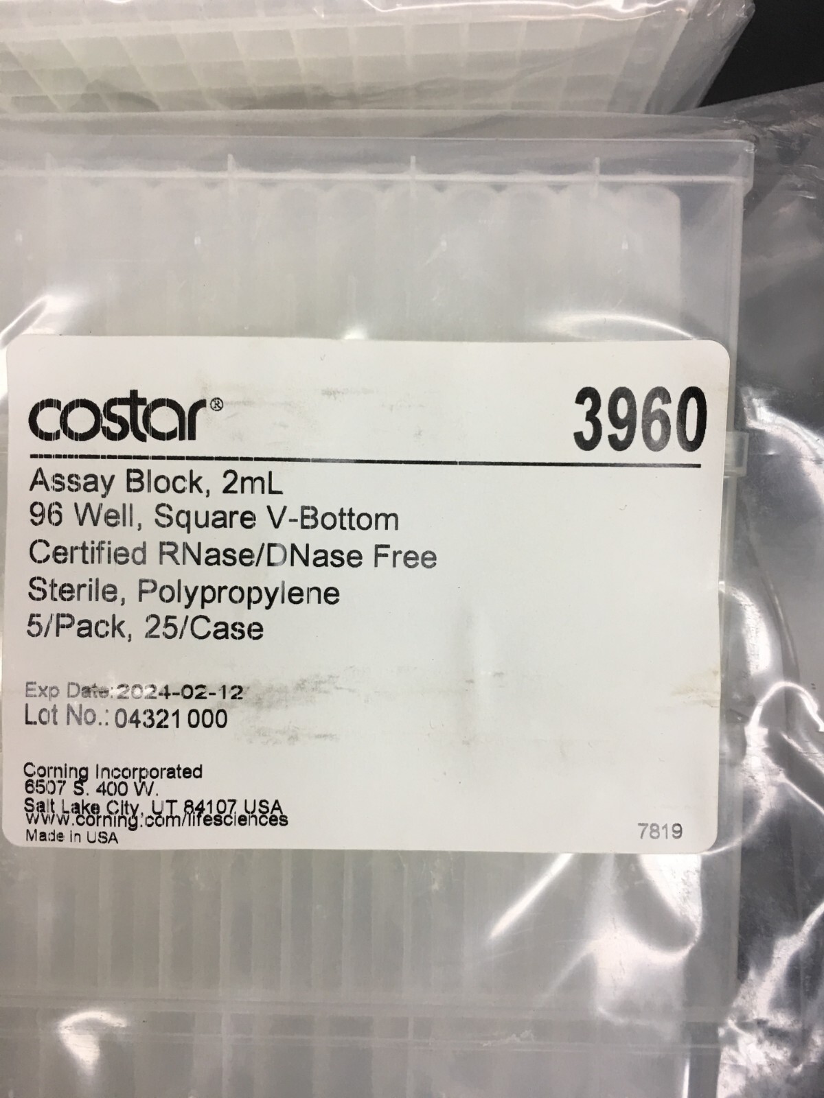 Costar Corning REF 3960 Assay Block 2mL 96 Well Square V-Bottom Lot 4 PKS