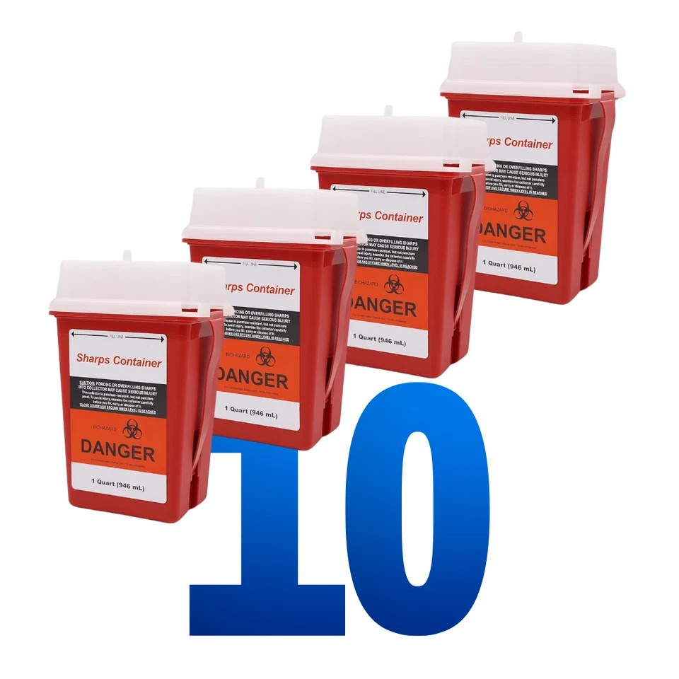 LabXcel 1 Quart Polypropylene Sharps Container Red Needle Disposal Bin 10pcs
