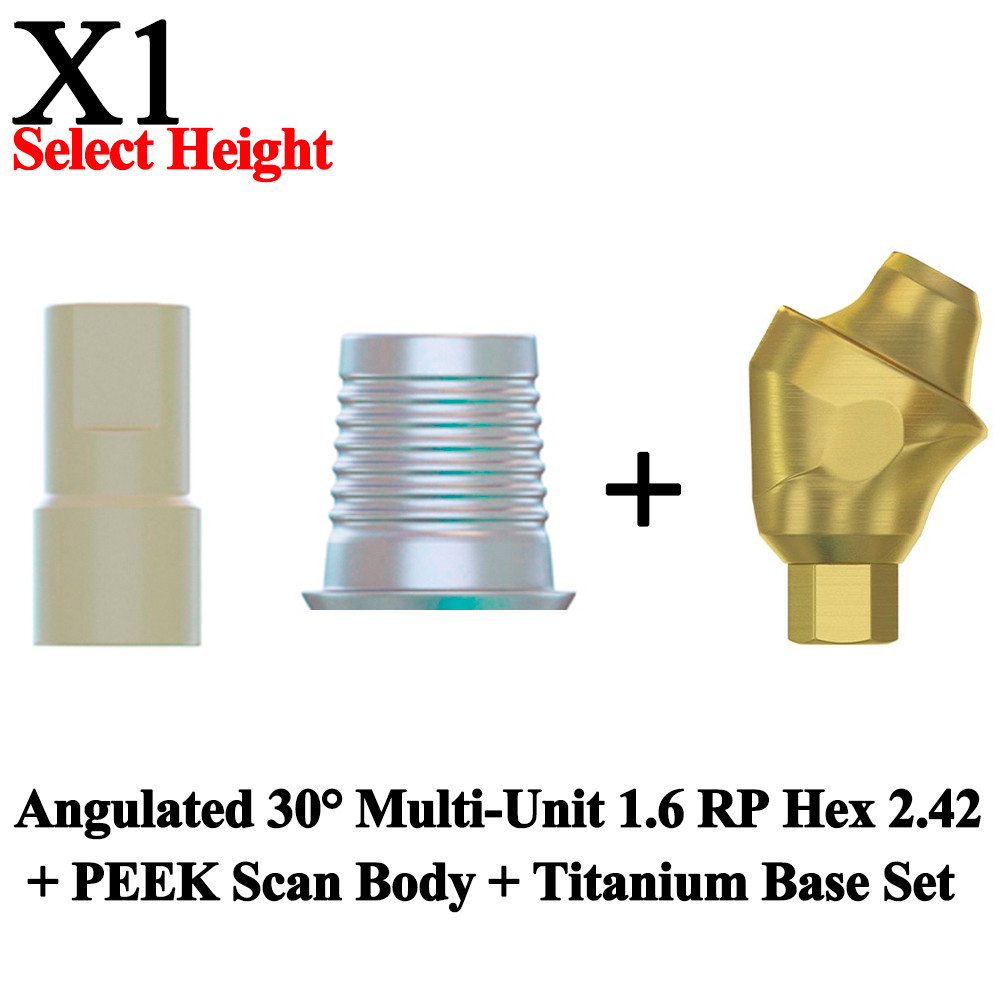 1x Set Angulated 30° Multi-Unit 1.6 RP Int Hex 2.42 PEEK Scan Body Titanium Base