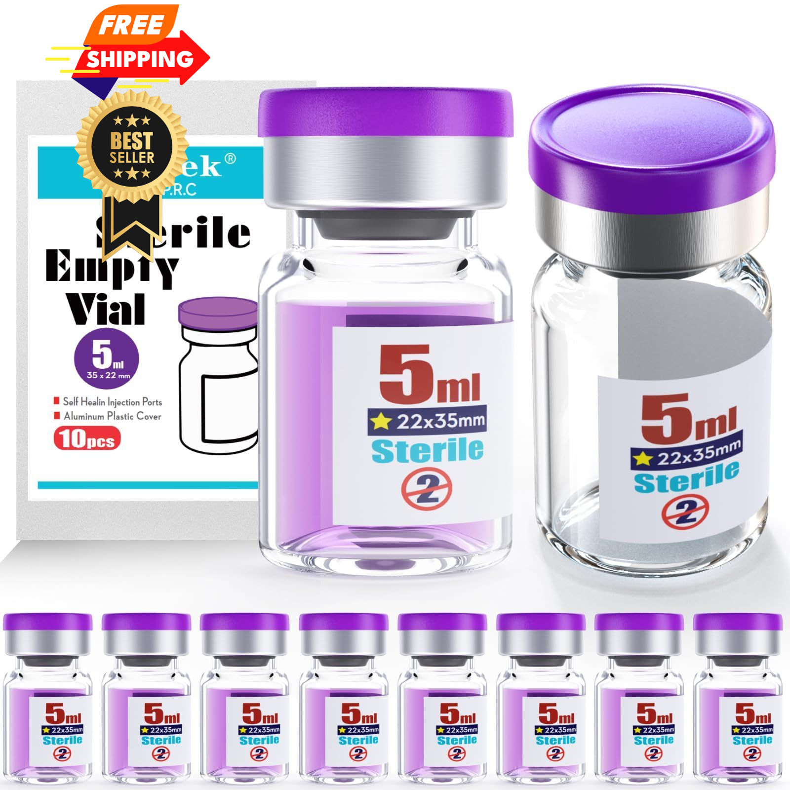 Ks-Tek Sterile Empty Vials with Self Healing Injection Port,with 5ml, Purple