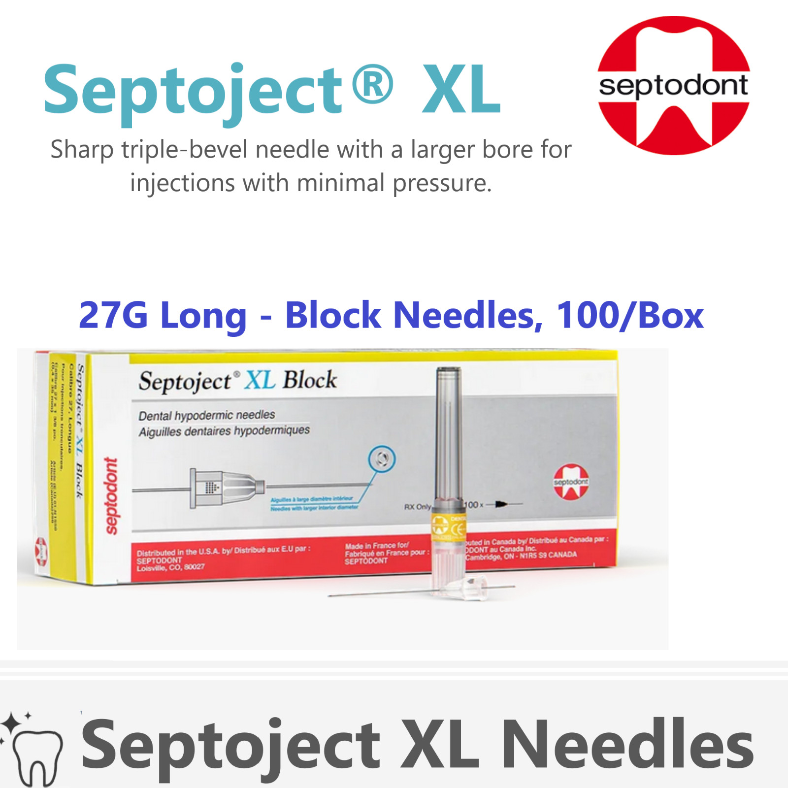 Dental Septoject XL Infiltration Septoject XL Block, 43% wider, Less Pain, 100Bx