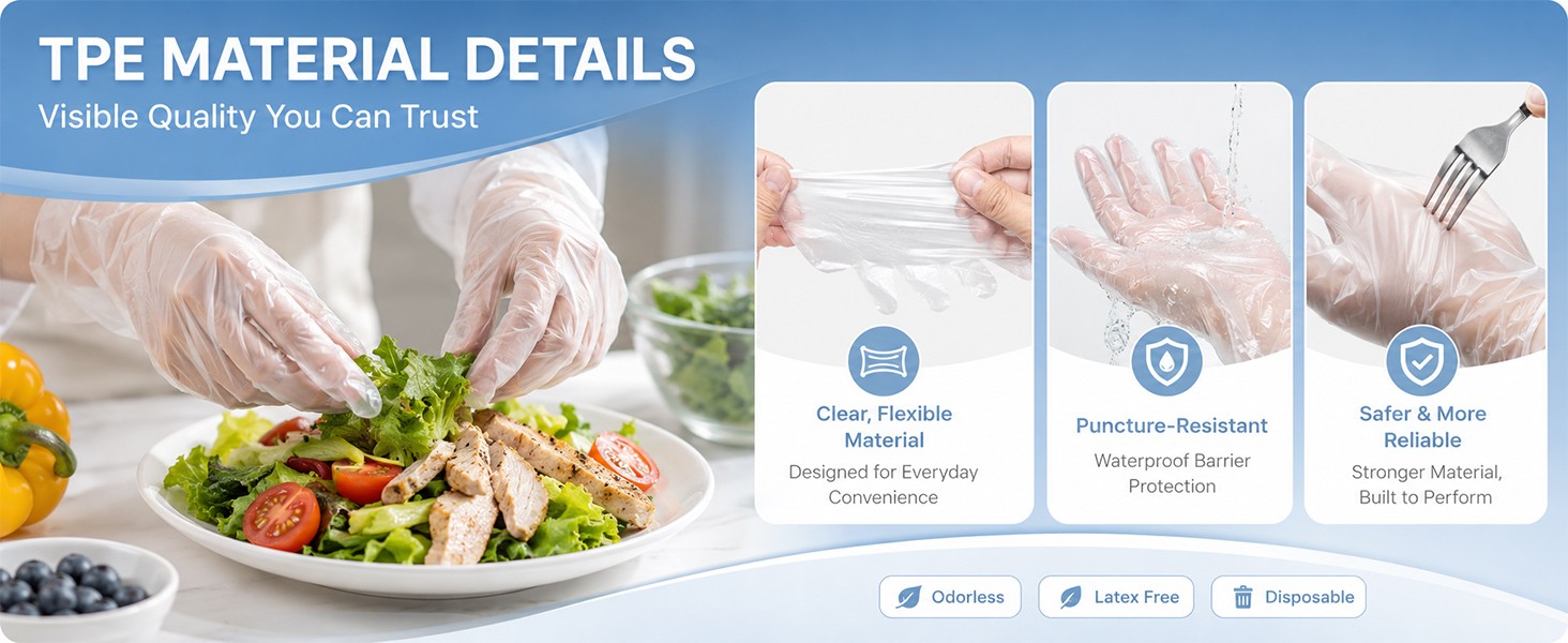100 PCS Disposable TPE Gloves – Clear/White Plastic, Food Safe, Latex-Free,