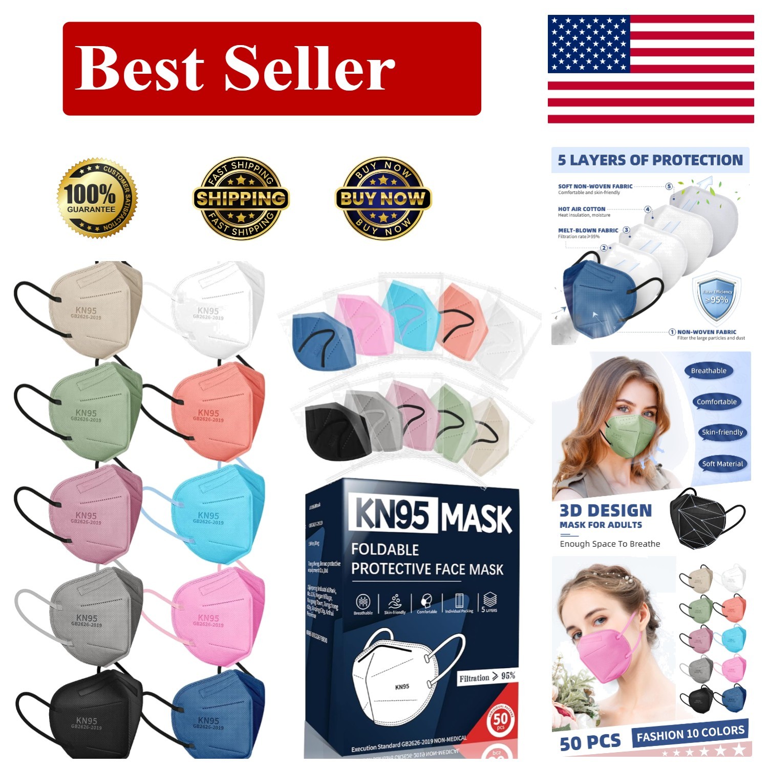 KN95 Face Masks for Adults, 50 Pack 10 Colors Disposable KN95 Masks, 5 Layer …